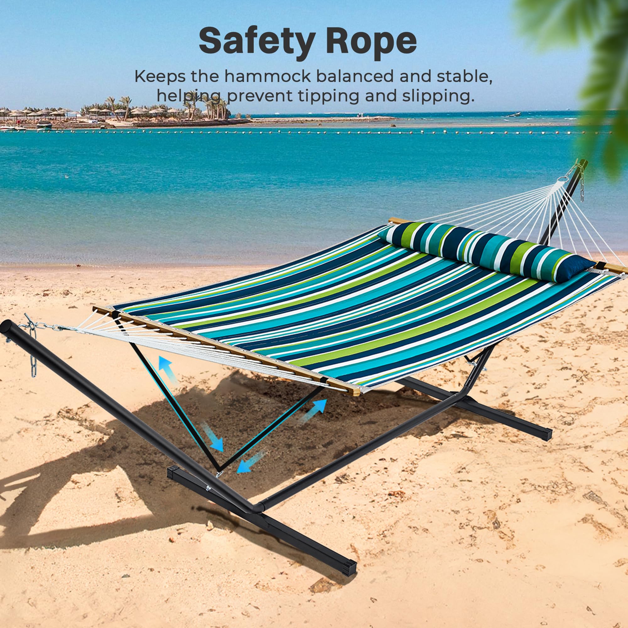 SUPERJARE Hammock with Stand, 2 Person Quilted Outdoor Hammock, Detachable Pillow & Bamboo Spreaders, Portable Hammock with Carrying Bag, Heavy Duty Stand, Perfect for Outside, Patio, Aqua Blue