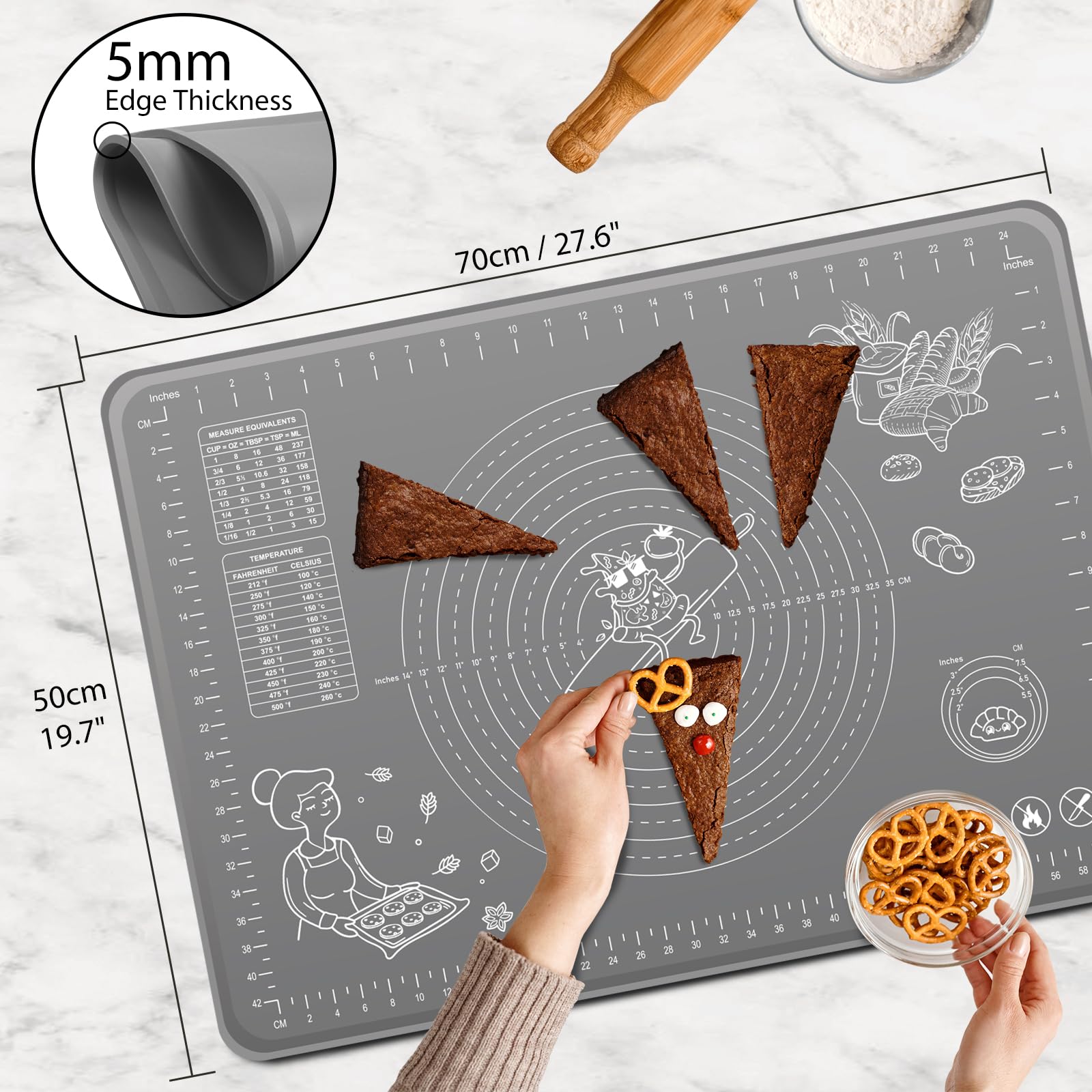 Silicone Baking Mat 24" x 16" Extra Thick Non-stick Pastry Mat with Measurements and Edge Heightening, Food Grade Silicone for Countertop Dough Rolling Making Bread, Cookies, Pizza, Fondant, Pasta