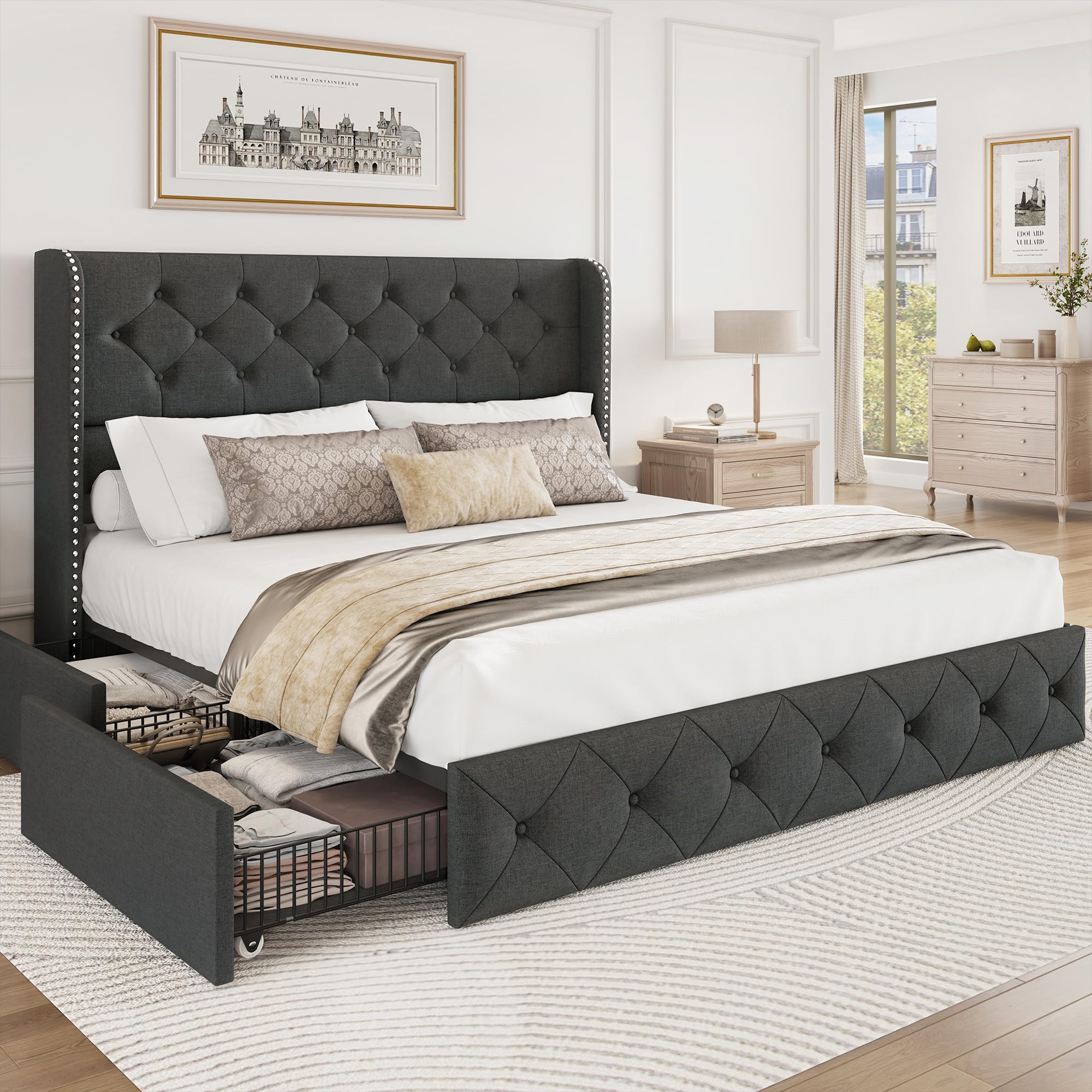 BRELTAM Full Size Bed Frame with Storage Drawers and Wingback Headboard Linen Upholstered Platform Bed Frame Tufted Beds with Heavy Duty Wood Slats, Noise Free, Easy Assembly, Beige