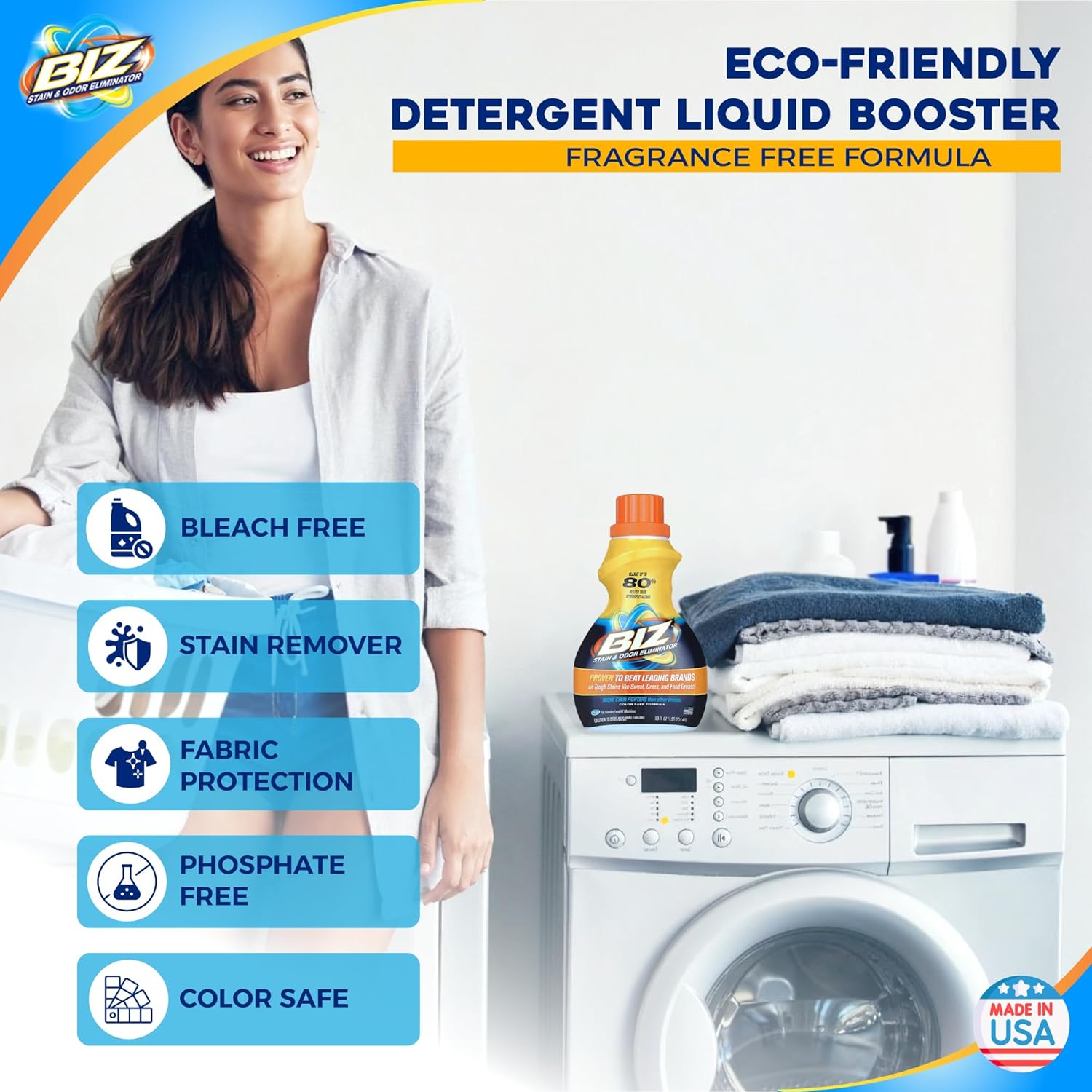 Biz Laundry Detergent Liquid Booster, Stain and Odor Eliminator for Tough Stains Like Sweat Grass and Food Grease, Best Stain Remover for Clothes, Color Safe, Bleach Free, 2 Pack, 100 fl oz Total