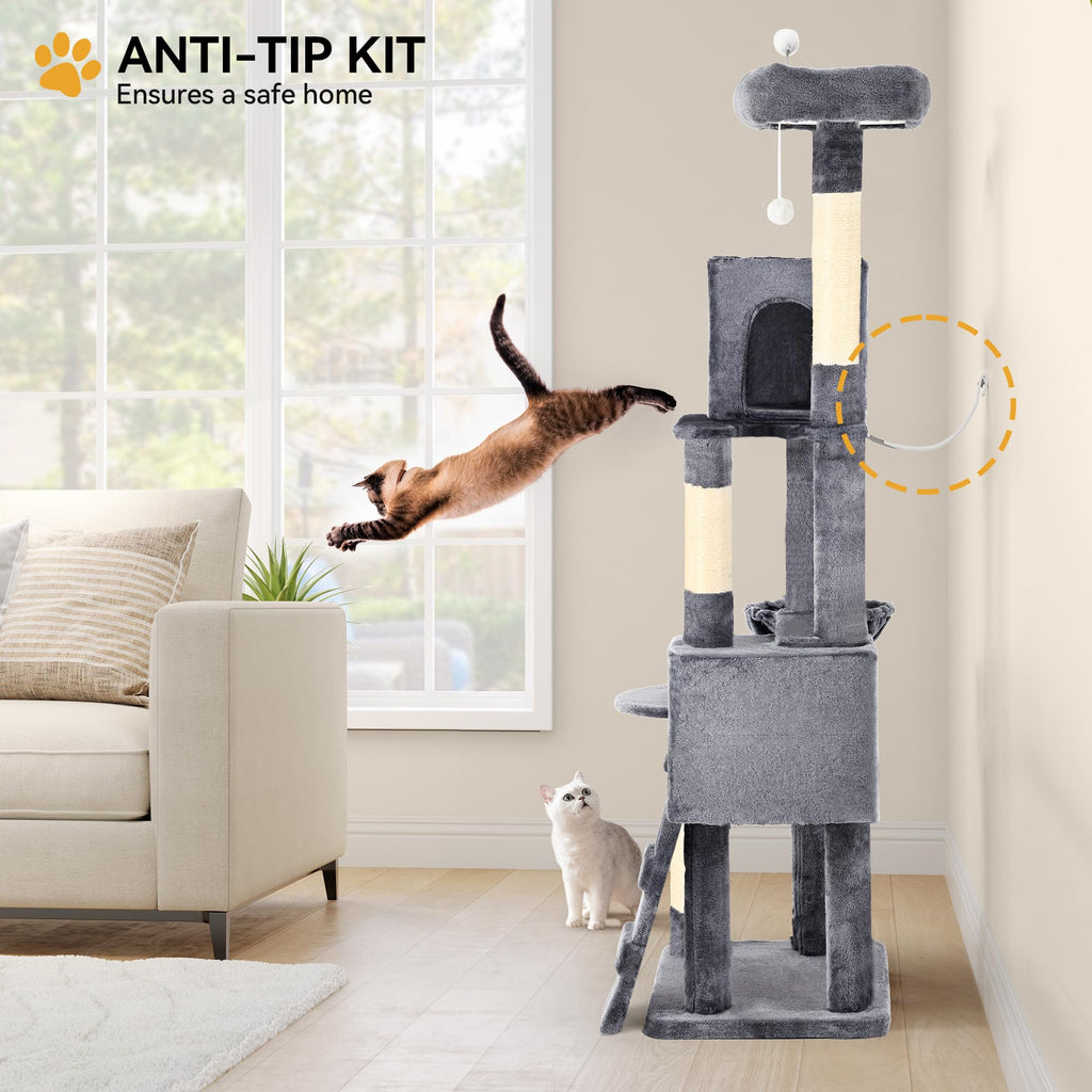 YITAHOME 44in Multi-Level Cat Tree for Indoor Kittens, Cat Furniture with Scratch Posts, Window Padded Plush Perch, Comfortable Hammock, and Interactive Pompoms, Beige