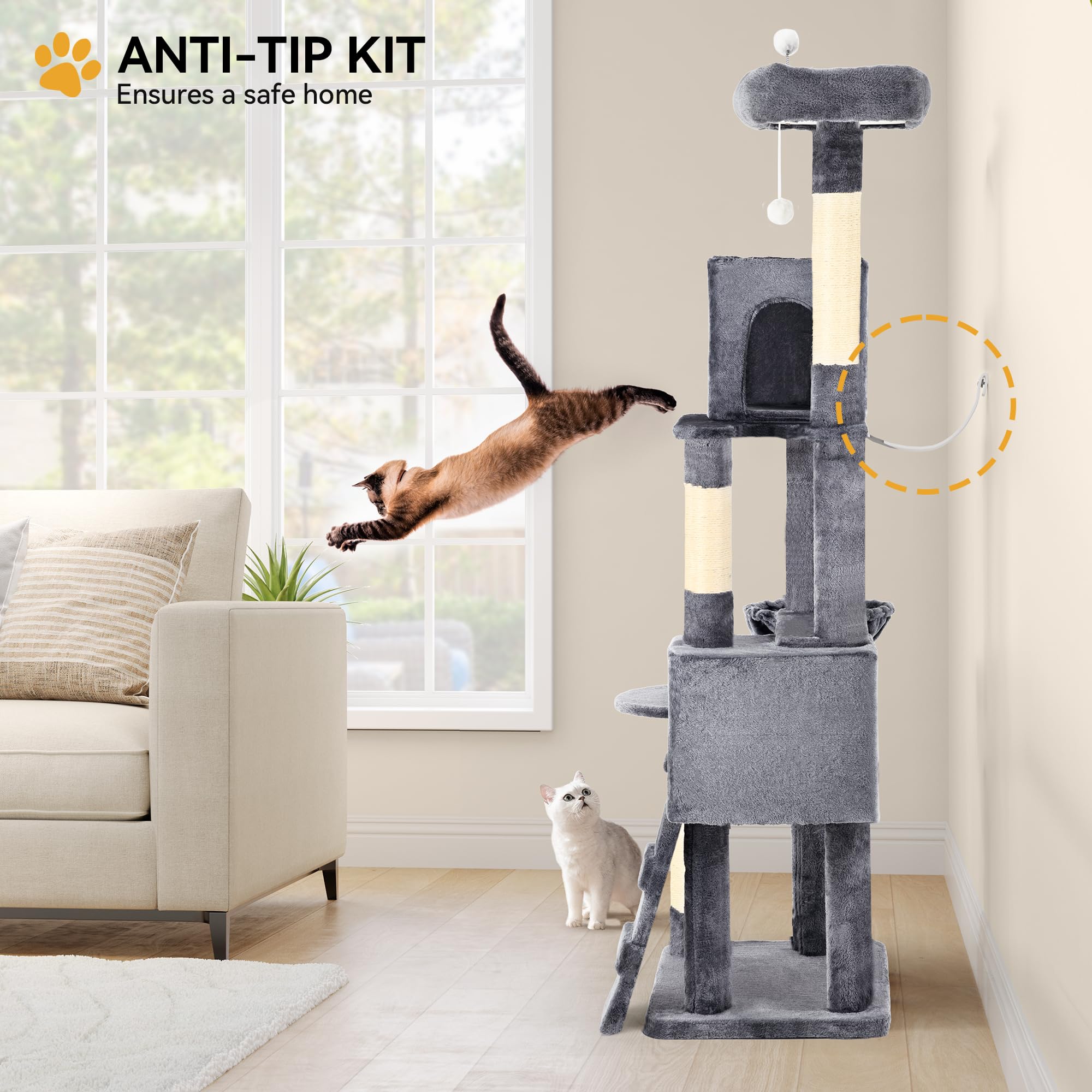 YITAHOME 44in Multi-Level Cat Tree for Indoor Kittens, Cat Furniture with Scratch Posts, Window Padded Plush Perch, Comfortable Hammock, and Interactive Pompoms, Beige