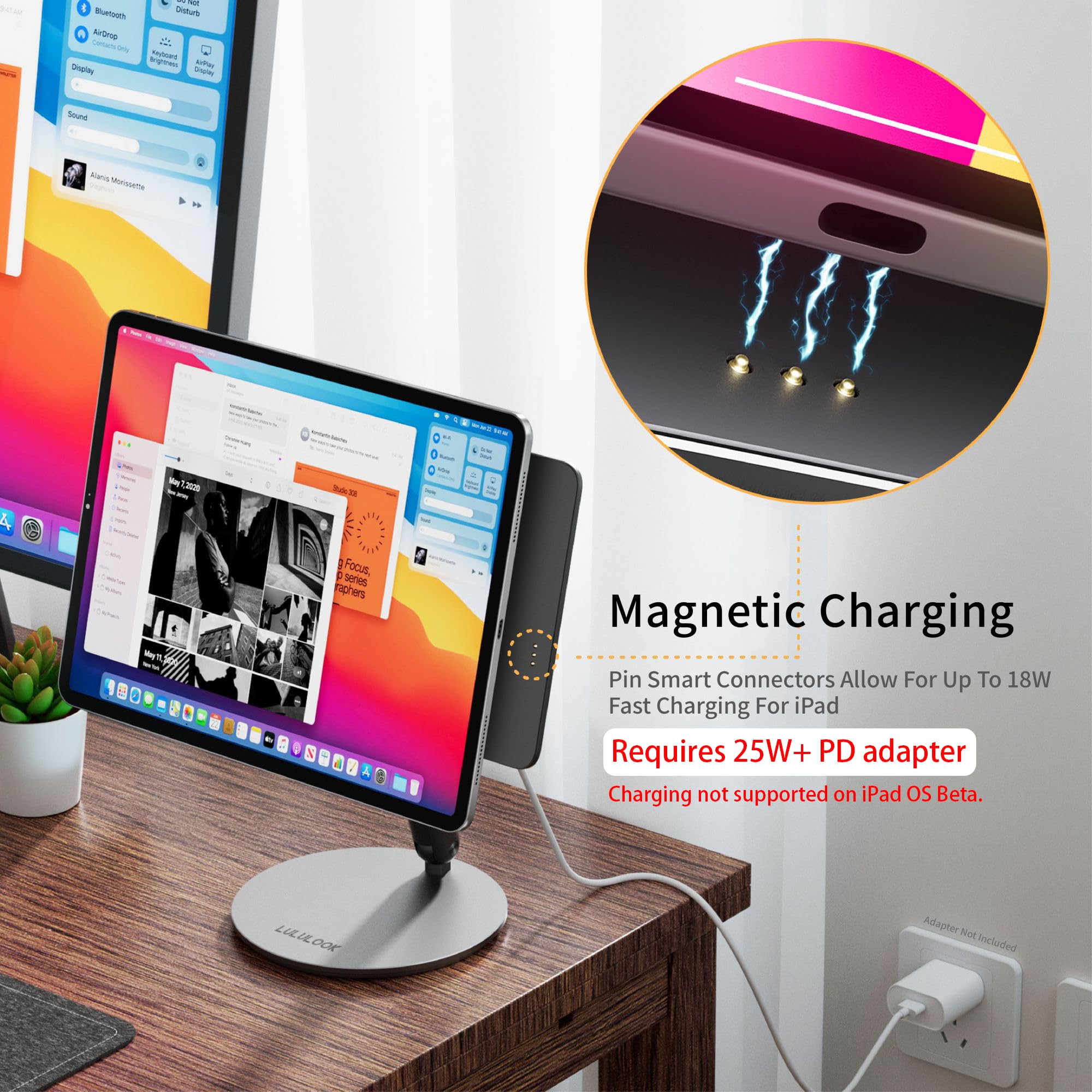 LULULOOK [Upgrade Magnetic Wireless Charging Stand for iPad Air 11" M4 (2026)/M3/M2, Foldable Aluminum Alloy iPad Pro Desk Stand with 360° Rotating Base for Pro 11" 1st/2nd/3rd/4th, Air 10.9 4th/5th