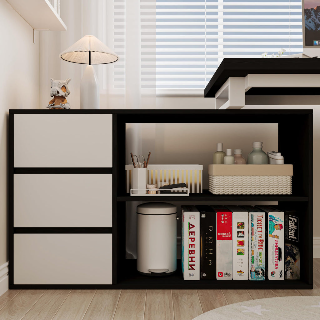 Bobve L Shaped Computer Desk, 47 Inch Home Office Desk with File Drawers & Storage Shelves, Small Corner Computer Desk for Small Space (Black + White)
