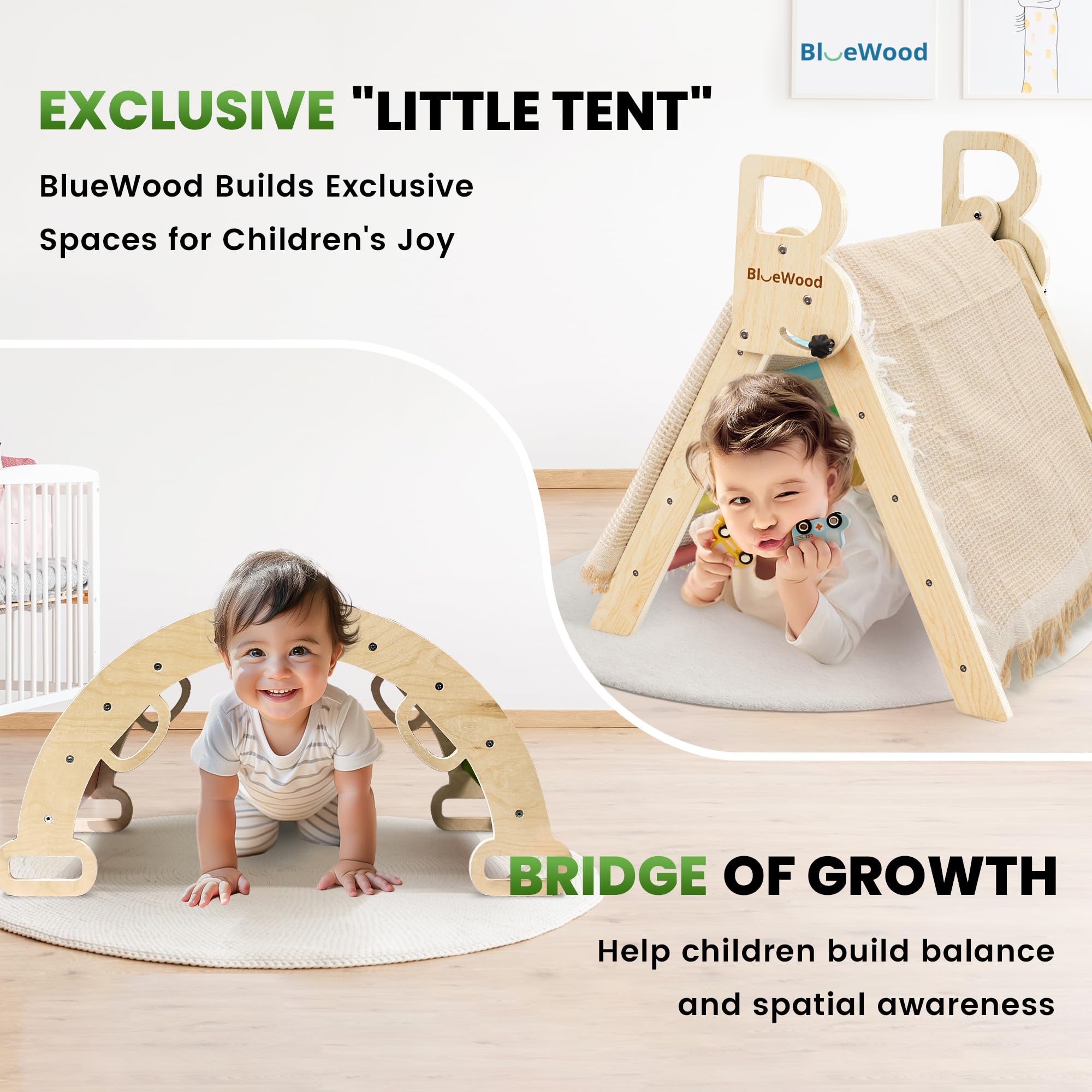 BlueWood Pikler Triangle Set with Safe Handle, Foldable 7-in-1 Montessori Toddler Climbing Toys Indoor, Wooden Pickler Climbing Set, Baby Jungle Gym & Playground, Climbing Toys for 1-3 Year, Colorful