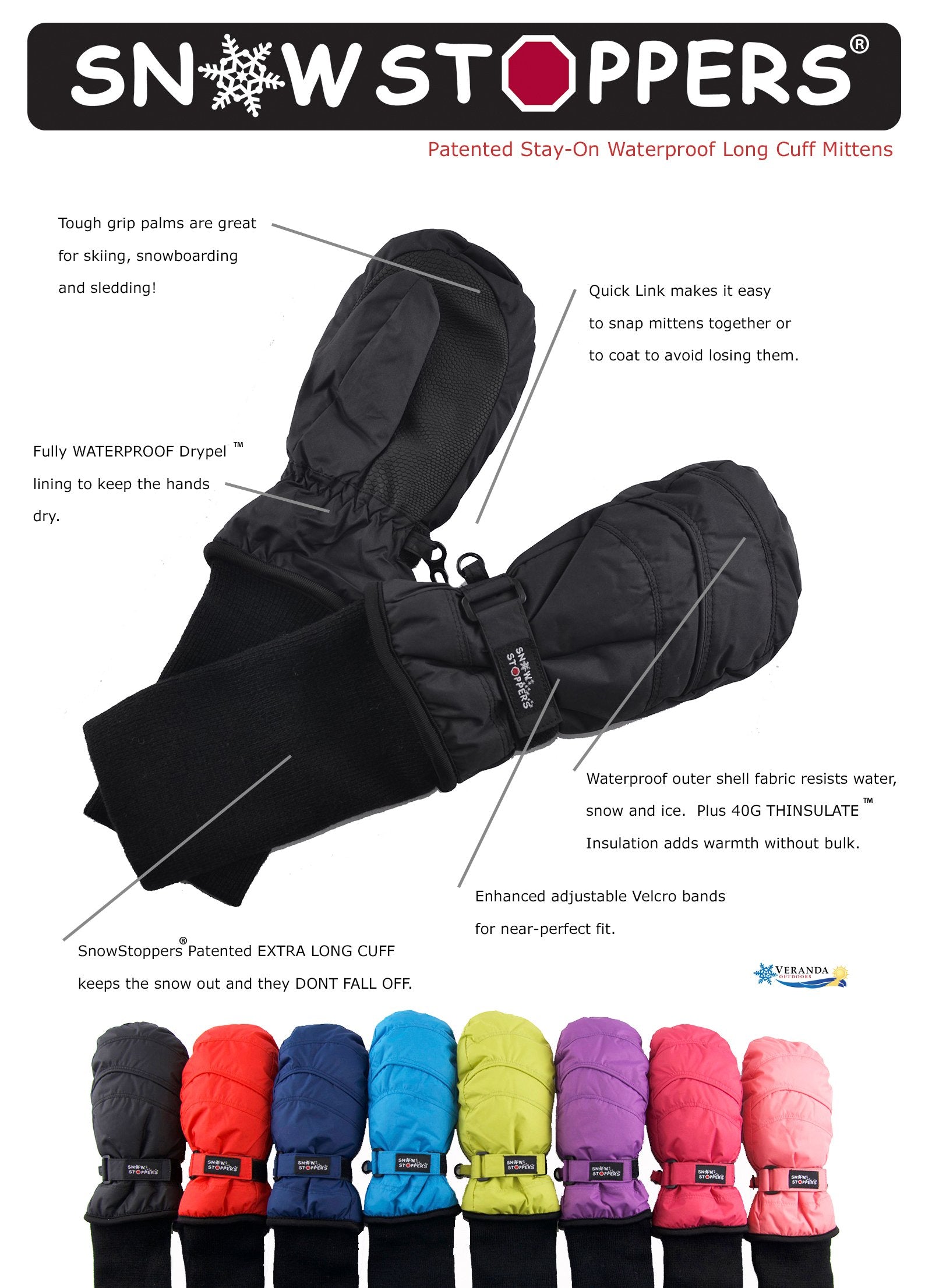 SnowStoppers Kids Waterproof Long Cuff Winter Mittens