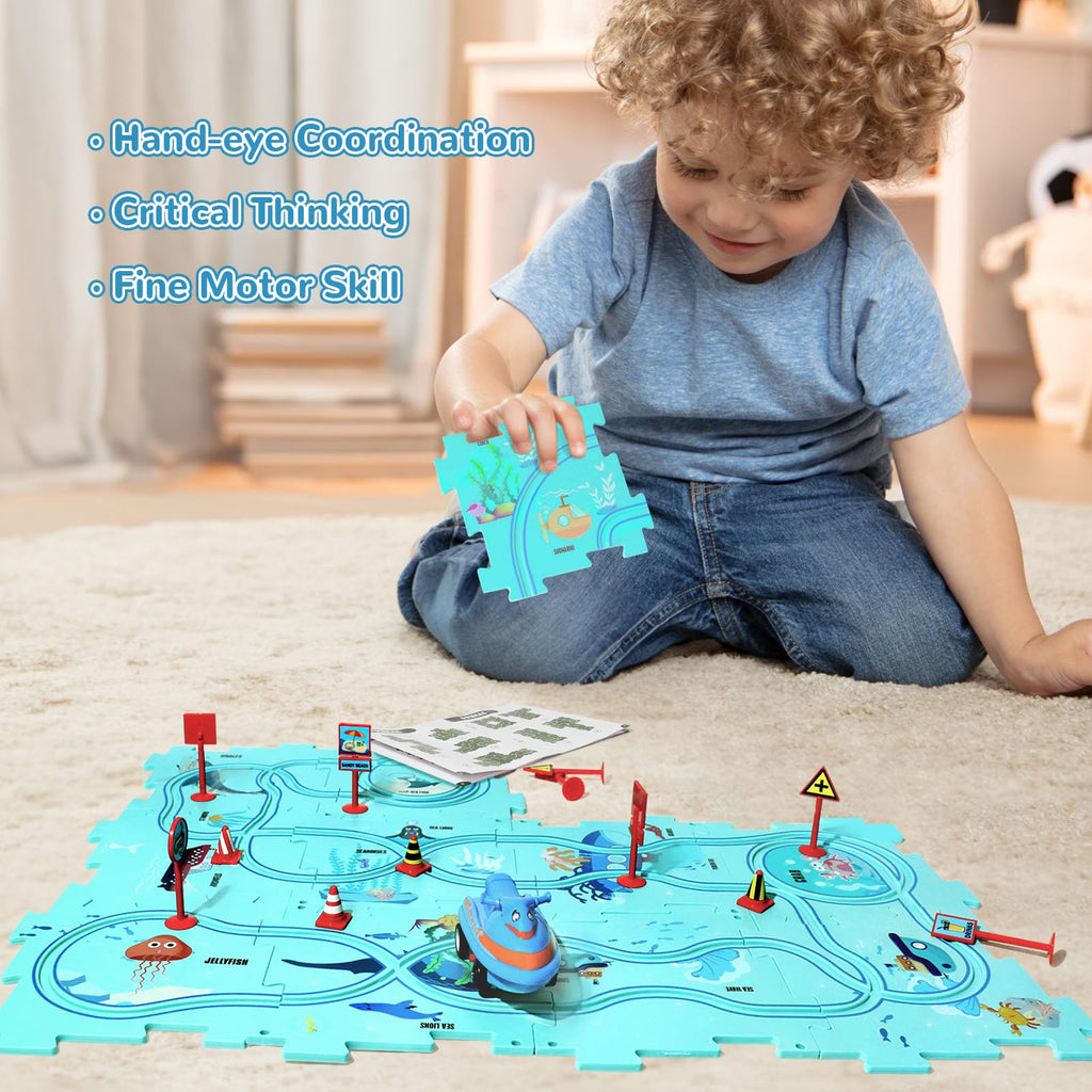 Puzzle Track Car Play Set with 12 Dinosaur Figures, Plastic Railcar Floor Puzzles for Kids Ages 3-5 with Vehicles, Toys Gifts for 3 4 5 6 Year Old Boys