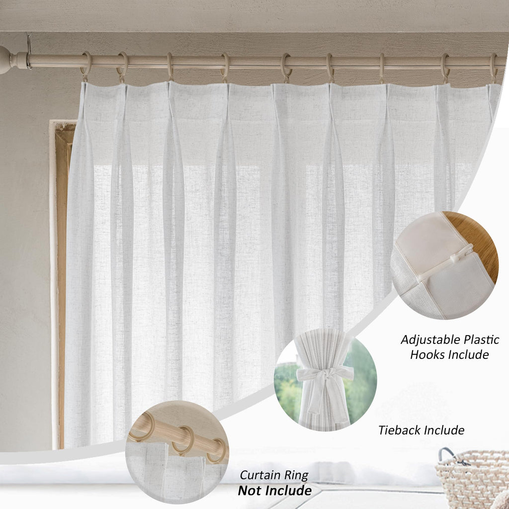 MAIHER Linen Textured Pleated Curtains 63 Inches Long for Living Room, Light Filtering Pinch Pleat Semi Sheer Drapes Curtains with Tieback and Hooks, Natural Linen (1 Panel, 54" W x 63" L)