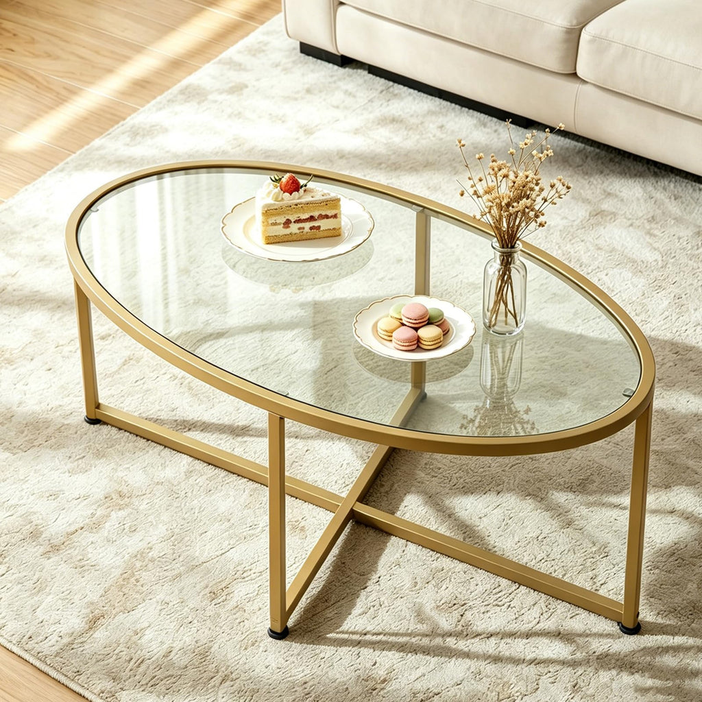 Wolawu Coffee Table Gold Oval Glass Coffee Tables for Living Room,Modern Gold Metal Frame Tea Tables for Small Space, Tempered Glass Top Center Table with Stable Cross Base for Bedroom, Office,Balcony