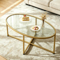 Wolawu Coffee Table Gold Oval Glass Coffee Tables for Living Room,Modern Gold Metal Frame Tea Tables for Small Space, Tempered Glass Top Center Table with Stable Cross Base for Bedroom, Office,Balcony