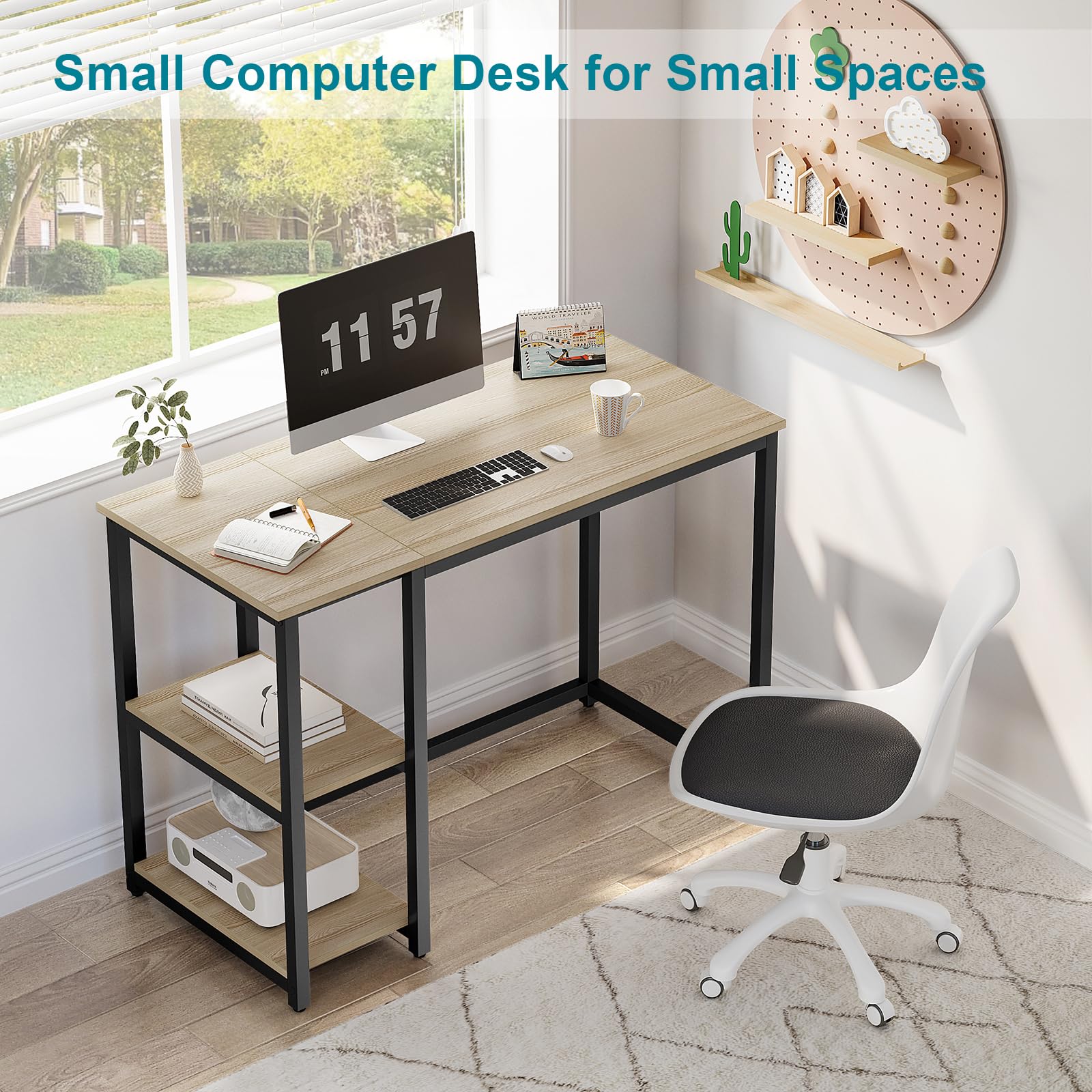 SINPAID 40 Inch Small Gaming Desk with Shelves for Small Spaces, Easy Assembly Study Desk, Sturdy Writing Desk for Bedroom & Home Office, Black