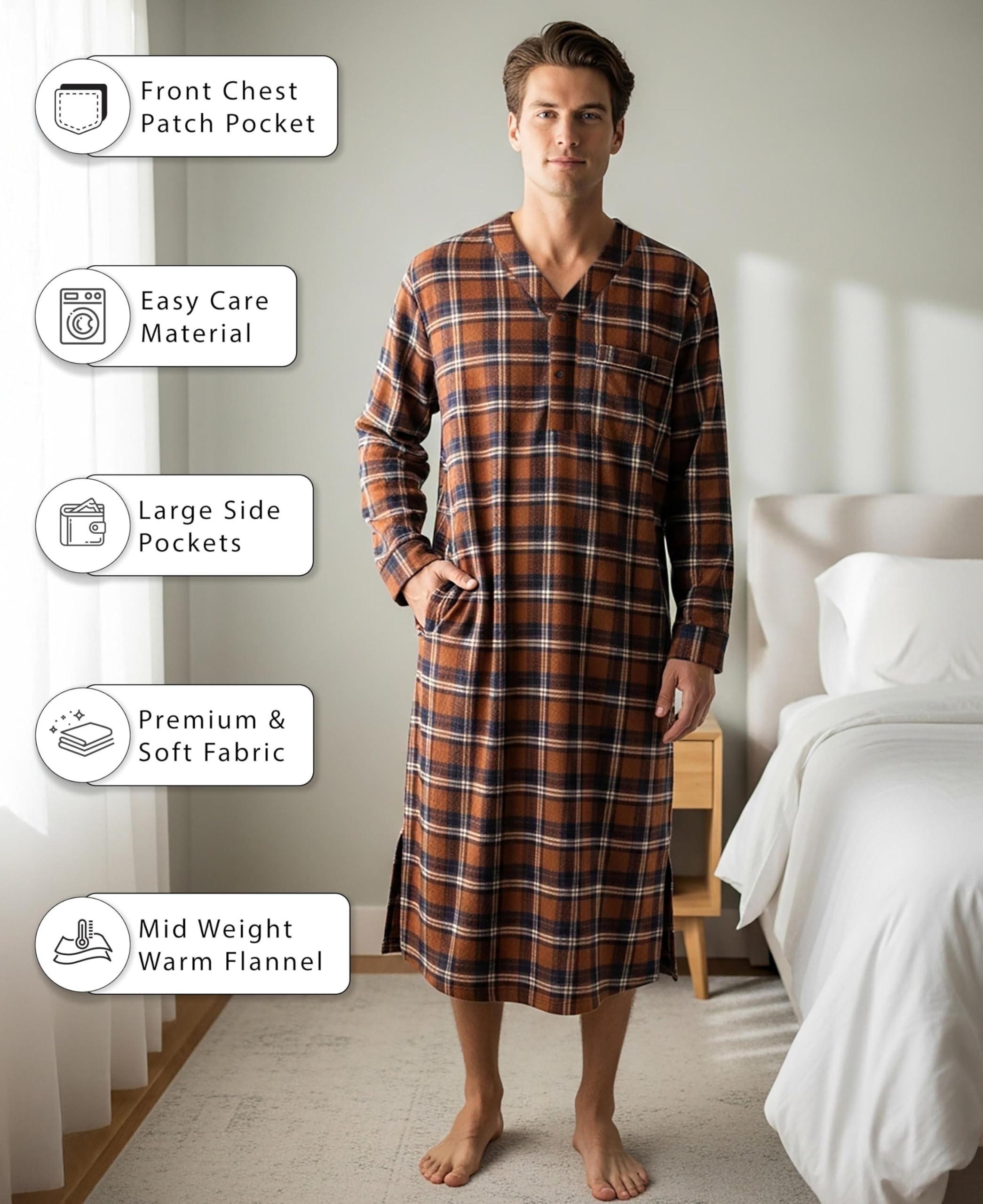 Andrew Scott Men's 2 Pack Lightweight Cotton Flannel Sleep Shirt, Long Henley Nightshirt Pajamas