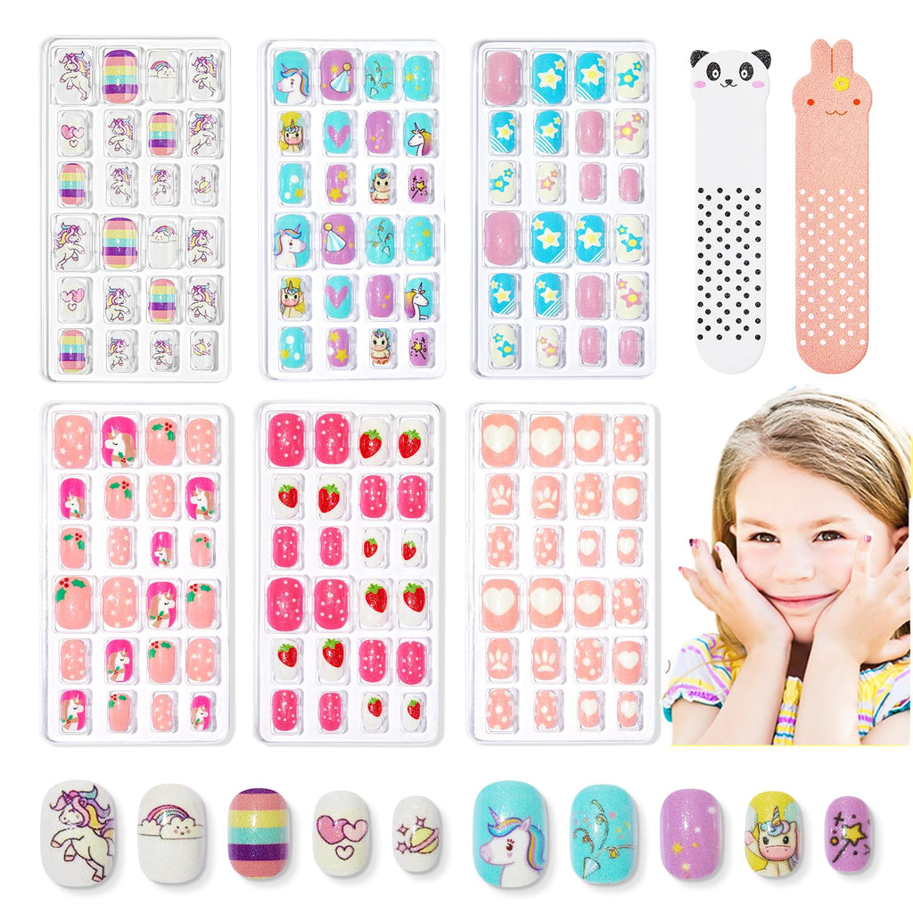 Modelones Press on Nails for Kids 144Pcs 6 Pack Children Acrylic Fake Nails Pre-glue Full Cover Glitter Gradient Color Heart Cat Short False Nail Art Kits Sets Christmas Gifts for Kids Girls