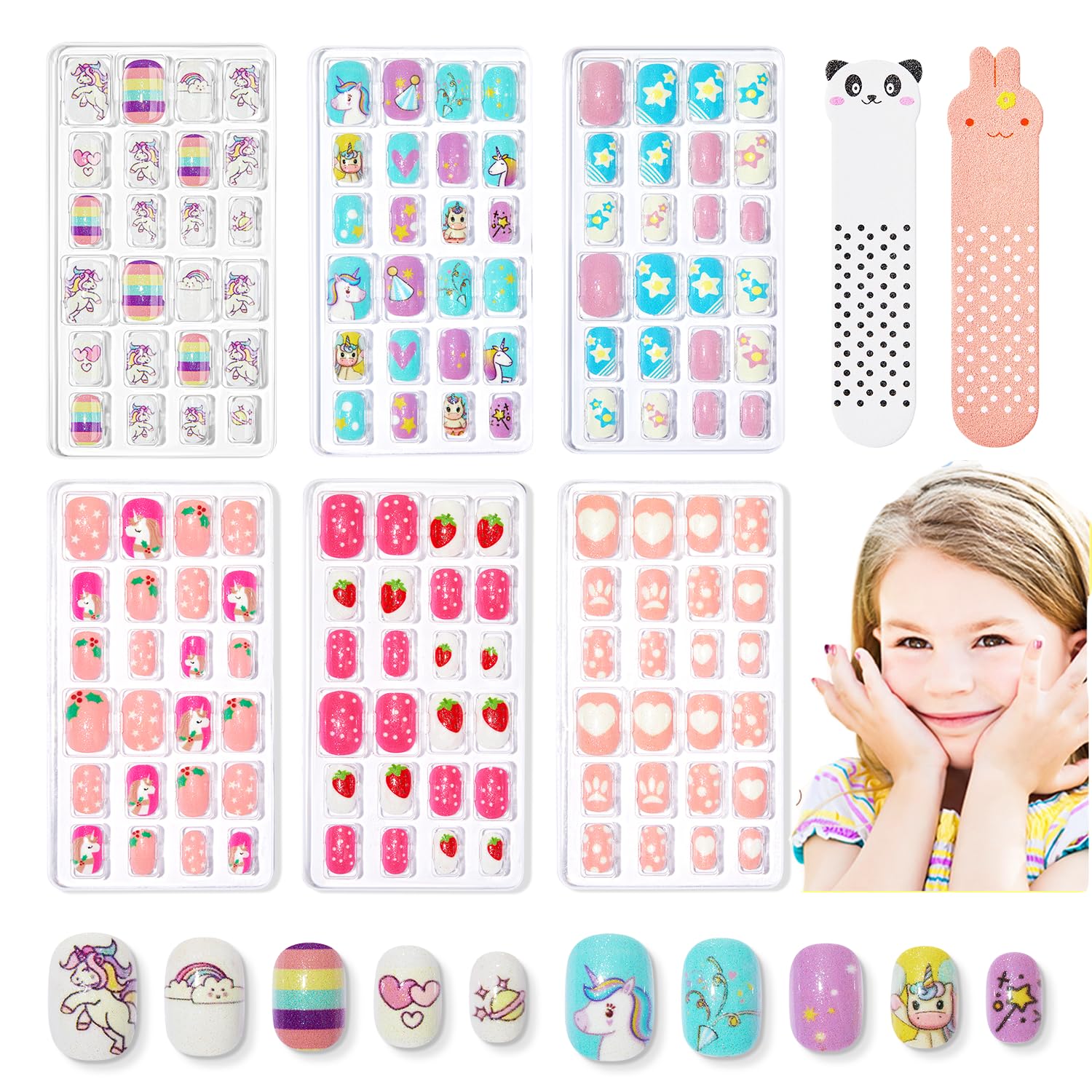 Modelones Press on Nails for Kids 144Pcs 6 Pack Children Acrylic Fake Nails Pre-glue Full Cover Glitter Gradient Color Heart Cat Short False Nail Art Kits Sets Christmas Gifts for Kids Girls