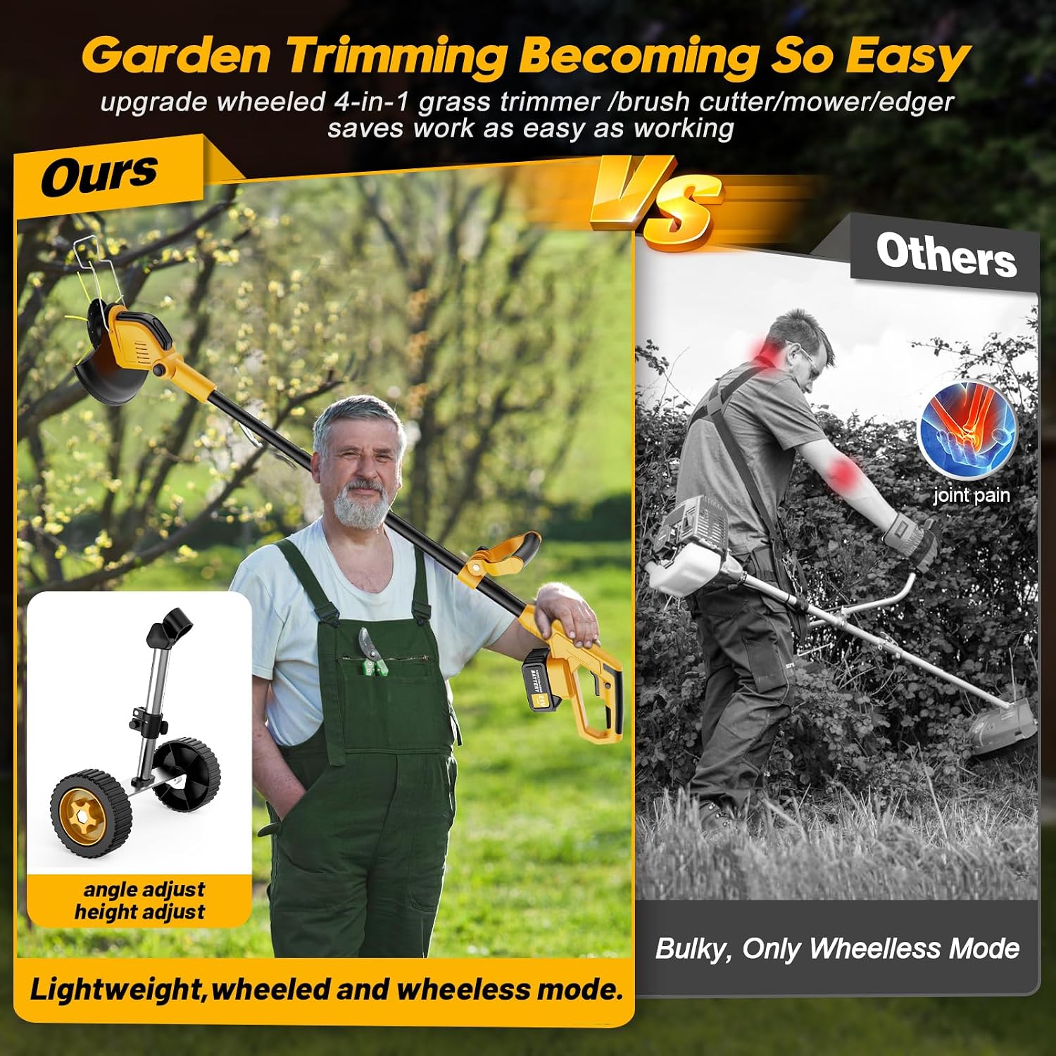 Cordless Weed Eater Battery Powered 6000mAh, 4-in-1 Brush Cutter Heavy Duty/Weed Trimmer/Lawn Mower Edger W/Wheel Metal Blade, 2 Battery Garden Yard Tool