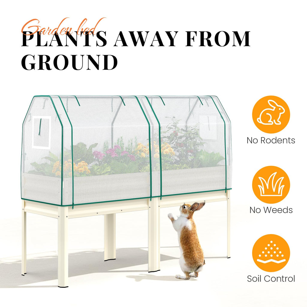 KING BIRD Large Raised Garden Bed with Netting Galvanized Elevated Planter Box with Legs 72×23×55 in for Backyard, Patio, Balcony, 700lb Capacity, Beige