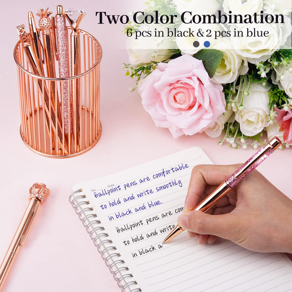 WEMATE 8Pcs Ballpoint Pens Set Metal Crystal Diamond Pen Glitter for Journaling Black Pen Bling in Black & Blue Ink Pretty Cute Pens Fancy Pens Gifts for Women Wedding School Office Desk(Black)