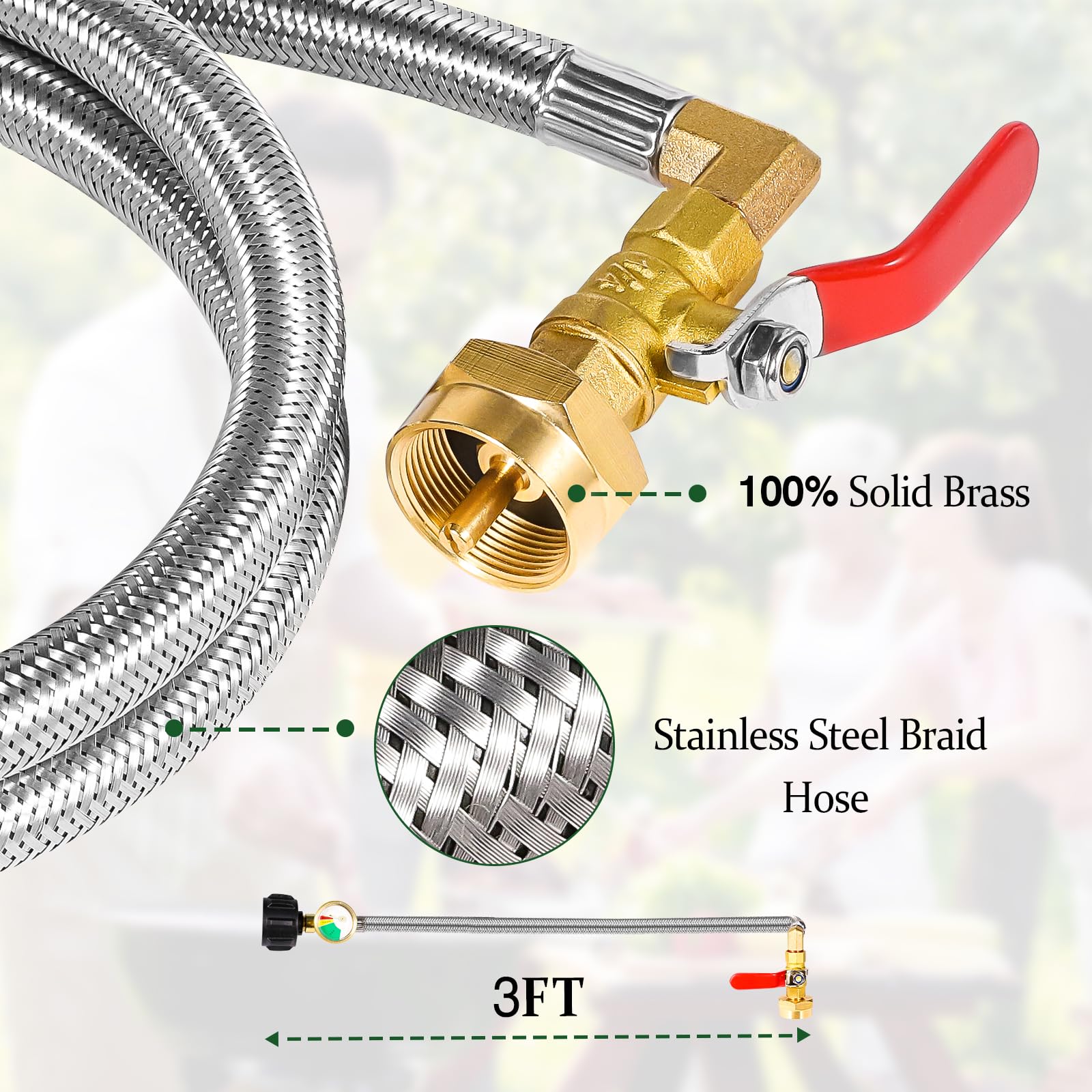 Propane Tank Adapter for 1 lb. Tanks,Upgrade 3 FT/36inch Propane Tank Refill Adapter Stainless Steel Hose with Gauge and ON-Off Control Valve, Fits QCC1 / Type 1 Propane Tank, 2 Caps Included