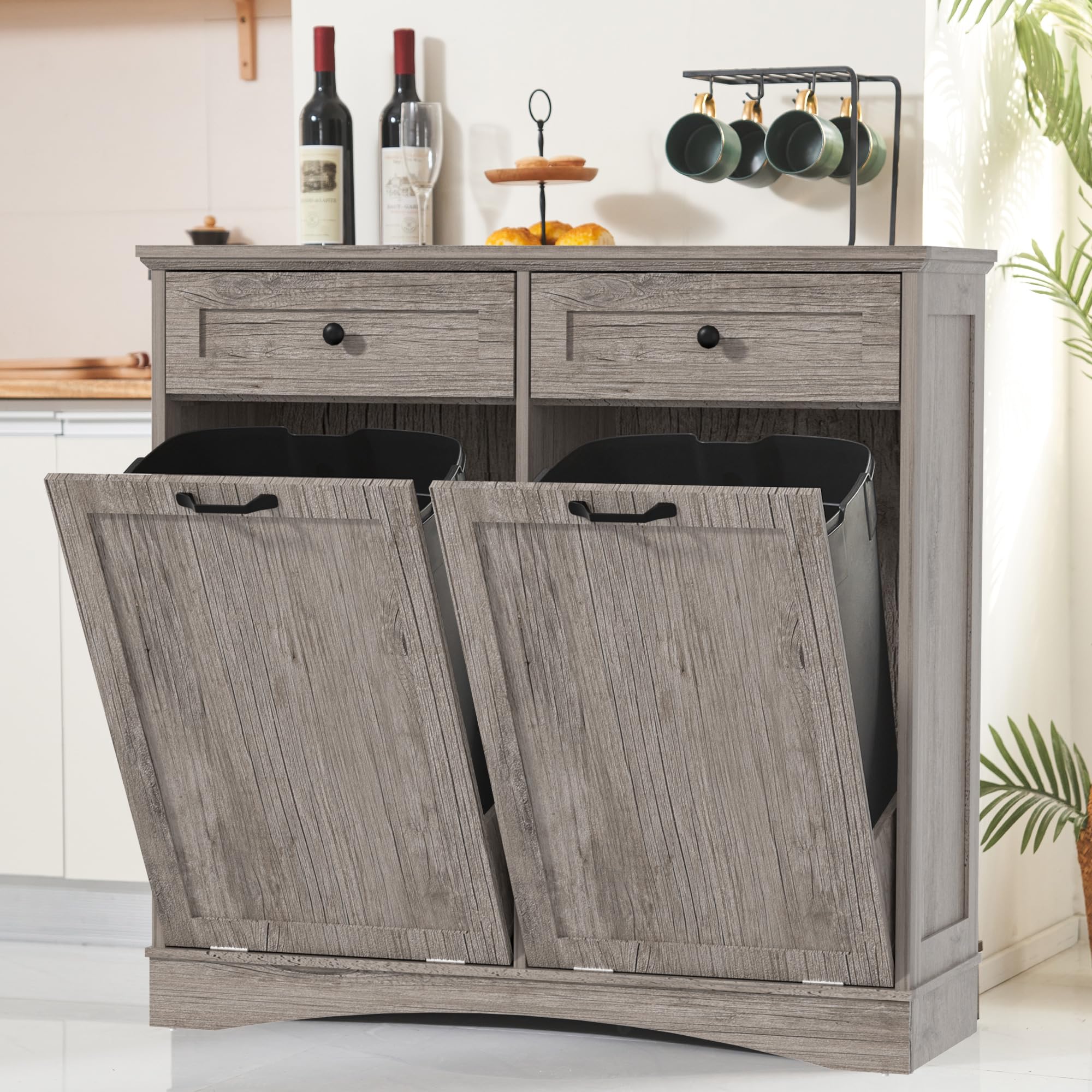 AHB Double Tilt Out Trash Can Cabinet Freestanding Kitchen Trash Can, 2x13 Gallons Hidden Garbage Recycling Cabinet with Hideaway Drawers Pet Proof Trash Can Holder for Kitchen, Antique White