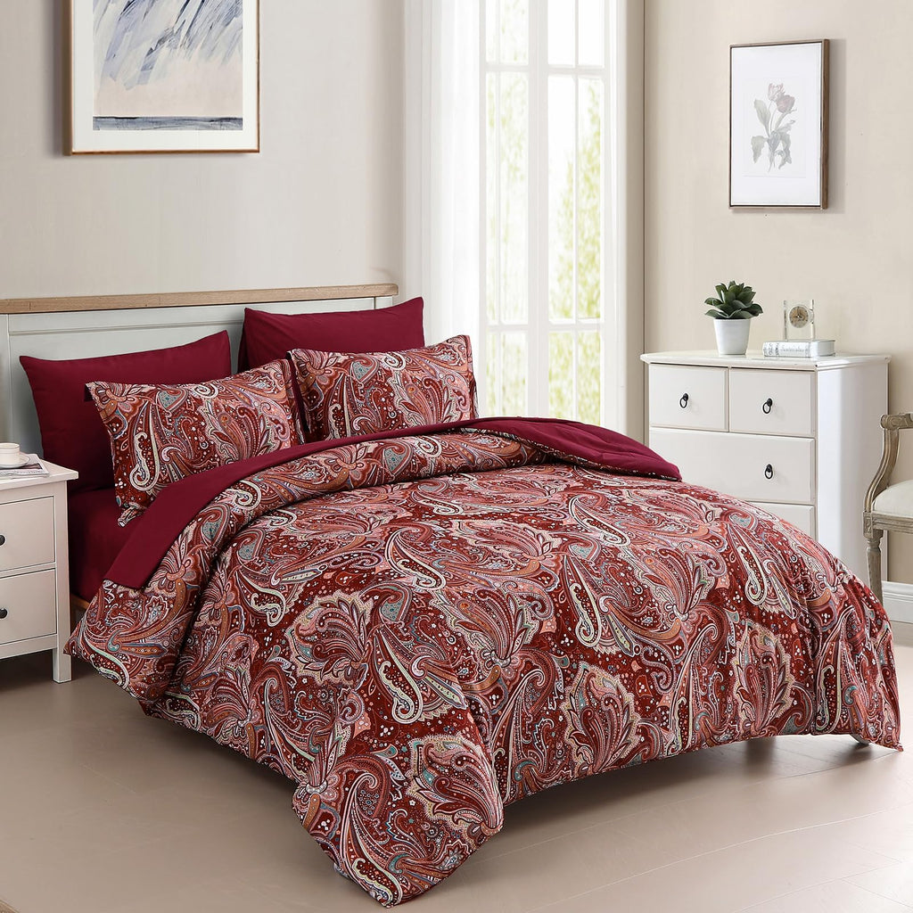DJY Black Paisley Comforter Set Full Size 7 Piece Bed in a Bag Black and Grey Boho Paisley Pattern Comforter Set Soft Lightweight Microfiber Reversible Bedding Set for All Season