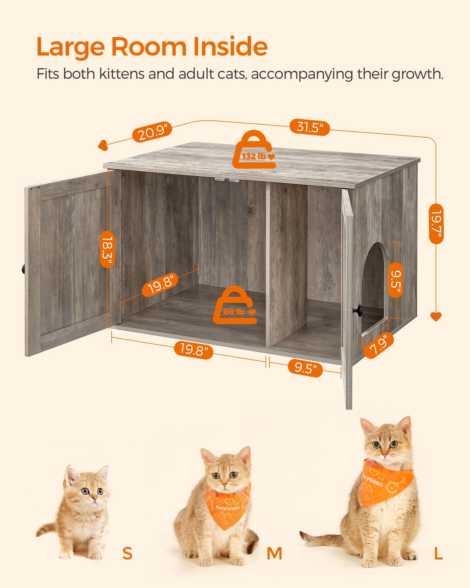 Feandrea Cat Litter Box Enclosure, Litter Box Furniture Hidden, Indoor Cat House, End Table, 27.6 x 19.7 x 19.7 Inches, Heather Greige UPCL022K01