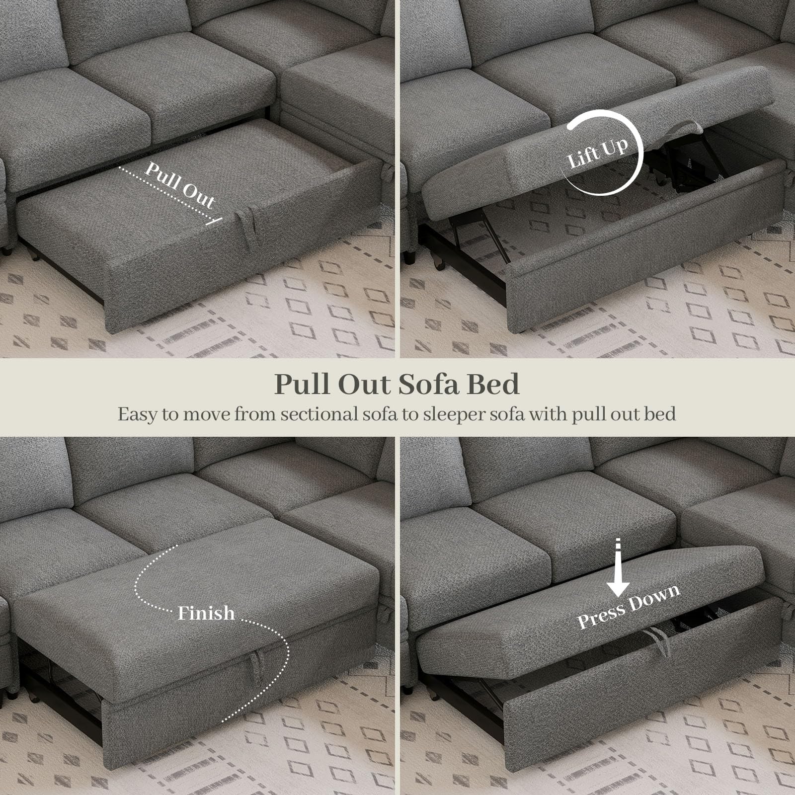 Belffin Modular Sectional Sleeper Sofa Bed with Storage Chaise L Shaped Sectional Couches for Living Room Armrest with Cup Holder. White Couch