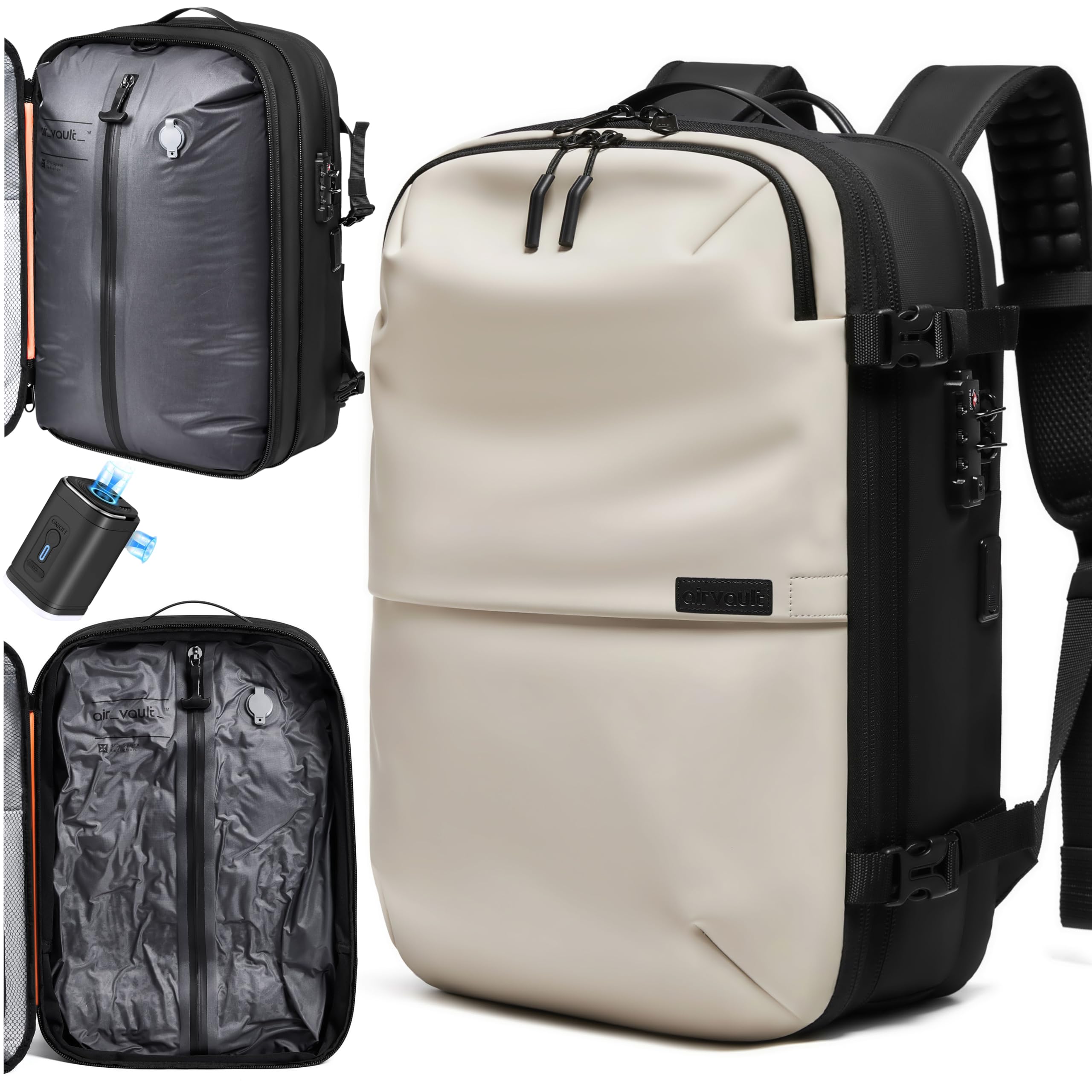 AirVault Vacuum Seal Travel Backpack 60L with Expandable HyperSeal Air Compression Vacuum System Water Resistant TSA Lock (Vacuum Pump Included, Black, 60L)