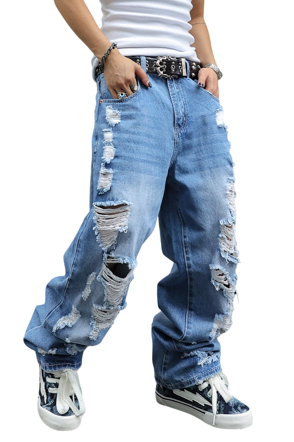 MZNBURAM Men's Non-Stretch Loose Fit Wide-Leg Baggy Jeans Pants