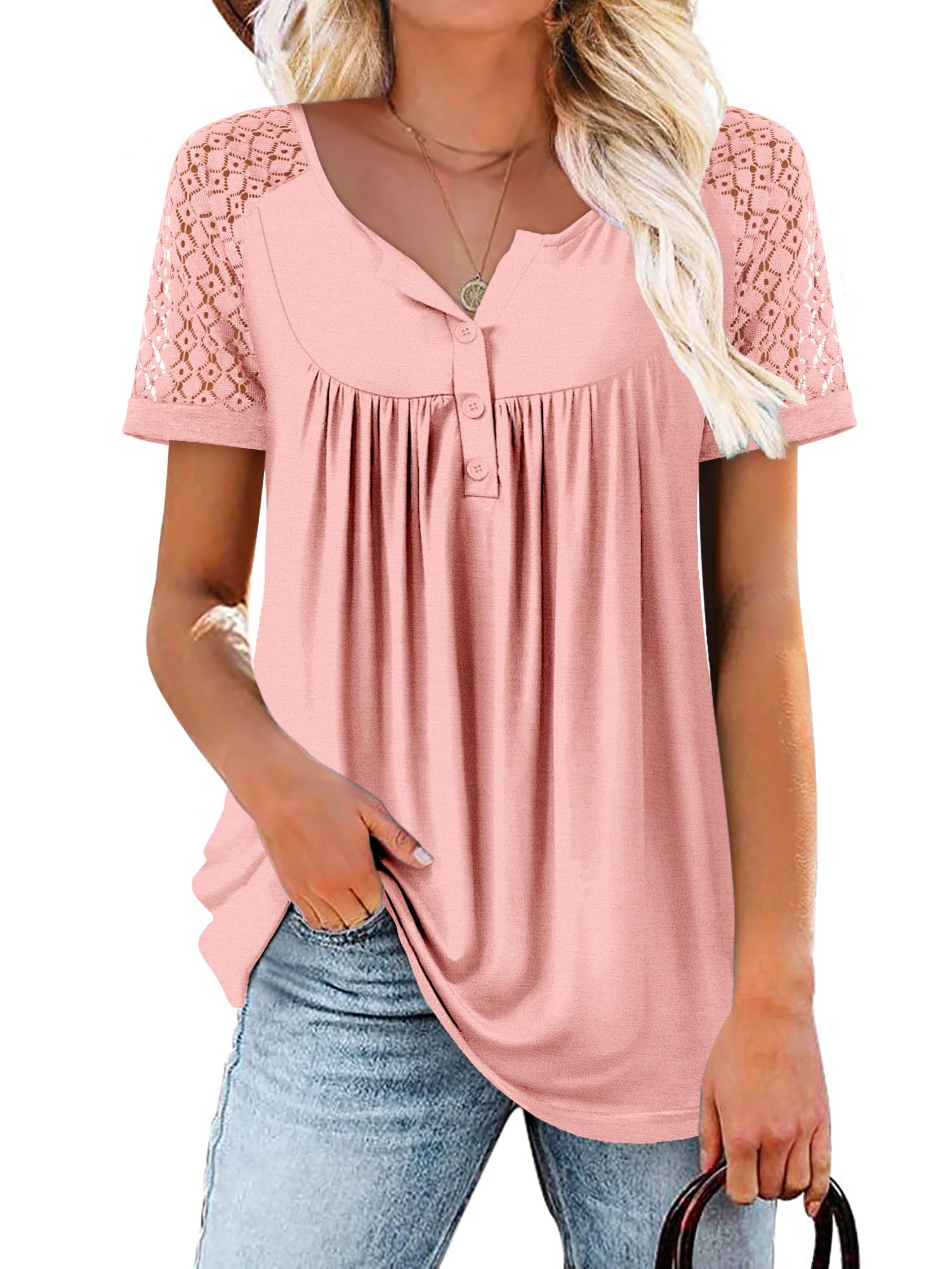 Mystry Zone Womens Henley V Neck Casual Blouse Button Down T Shirts Flare and Flowy Tops