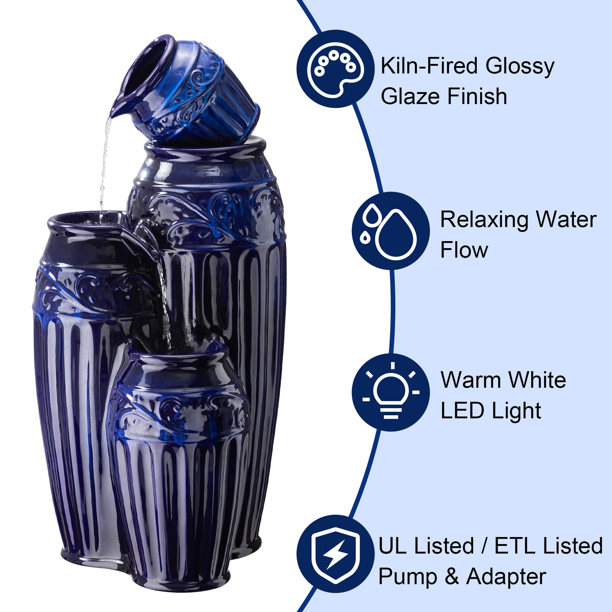 Glitzhome 27.25" H Outdoor Garden Water Fountain with LED Lights and Pump, 4 Tier Cobalt Blue Embossed Pattern Ceramic Pots Cascading Floor Standing Fountain for Porch Deck Patio Backyard Decoration