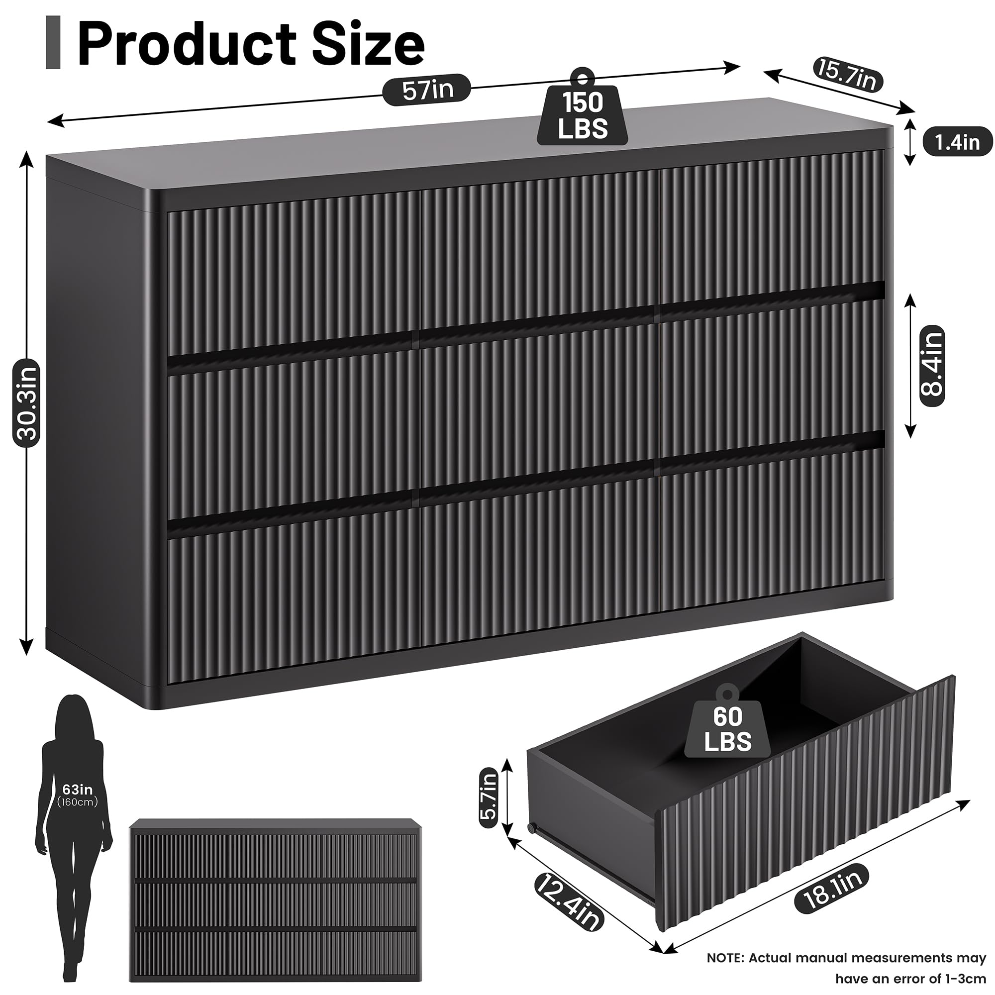 Standifurno Black 56" Tall Dresser for Bedroom, Fluted Modern 6 Drawers Deep Dressers, Wood Chest of Drawers with Handleless, Curved Profil Storage Closet Dressers for Bedroom, Living Room, Hallway