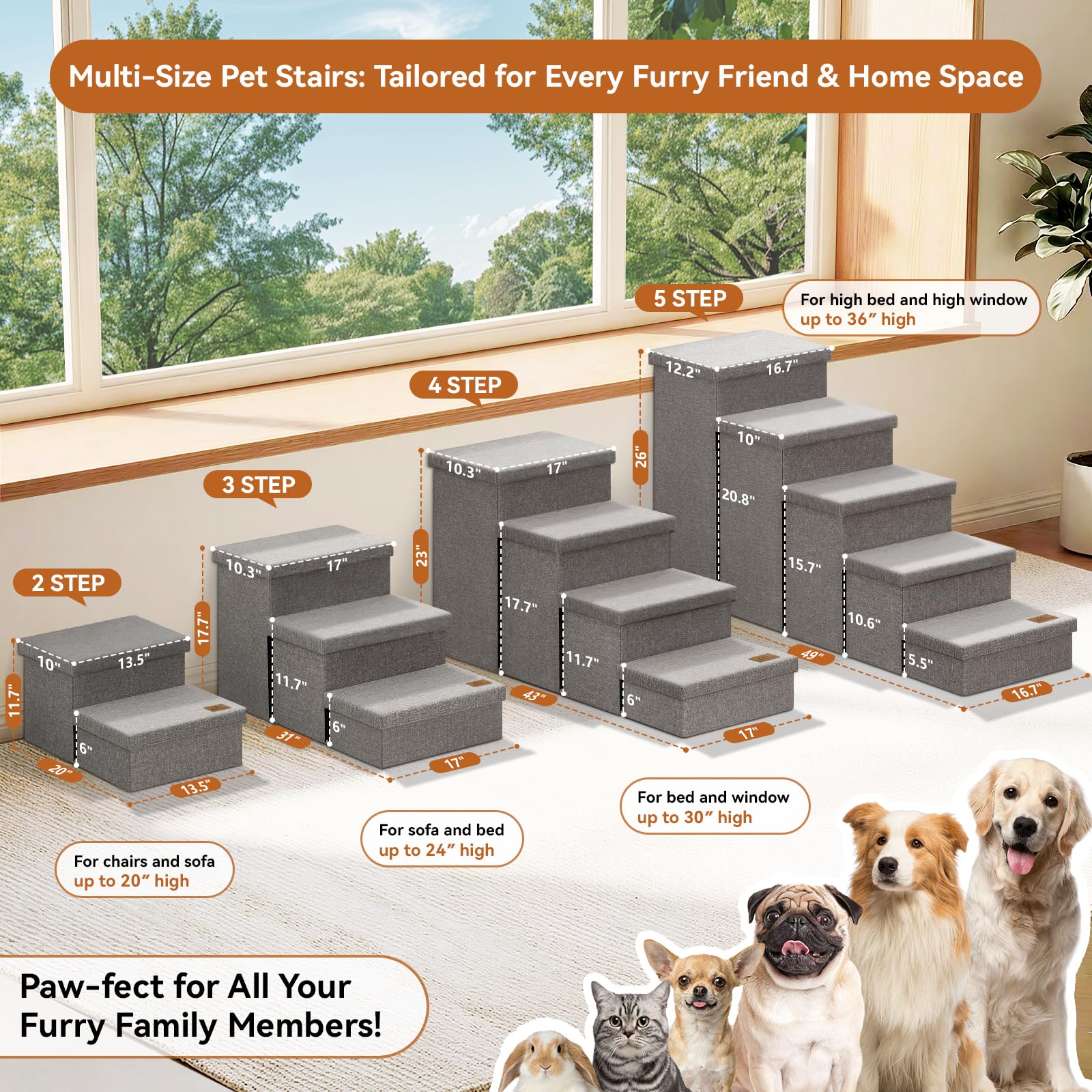 Zerbuger Dog Stairs with Condo 15" H, 2-Step Wider Dog Steps for Small/Medium/Large Old Dogs Cats, Folding Sturdy Storage Pet Stairs Climbing Bed Couch, Ramp for Car Hold Up to 150 lbs, Beige
