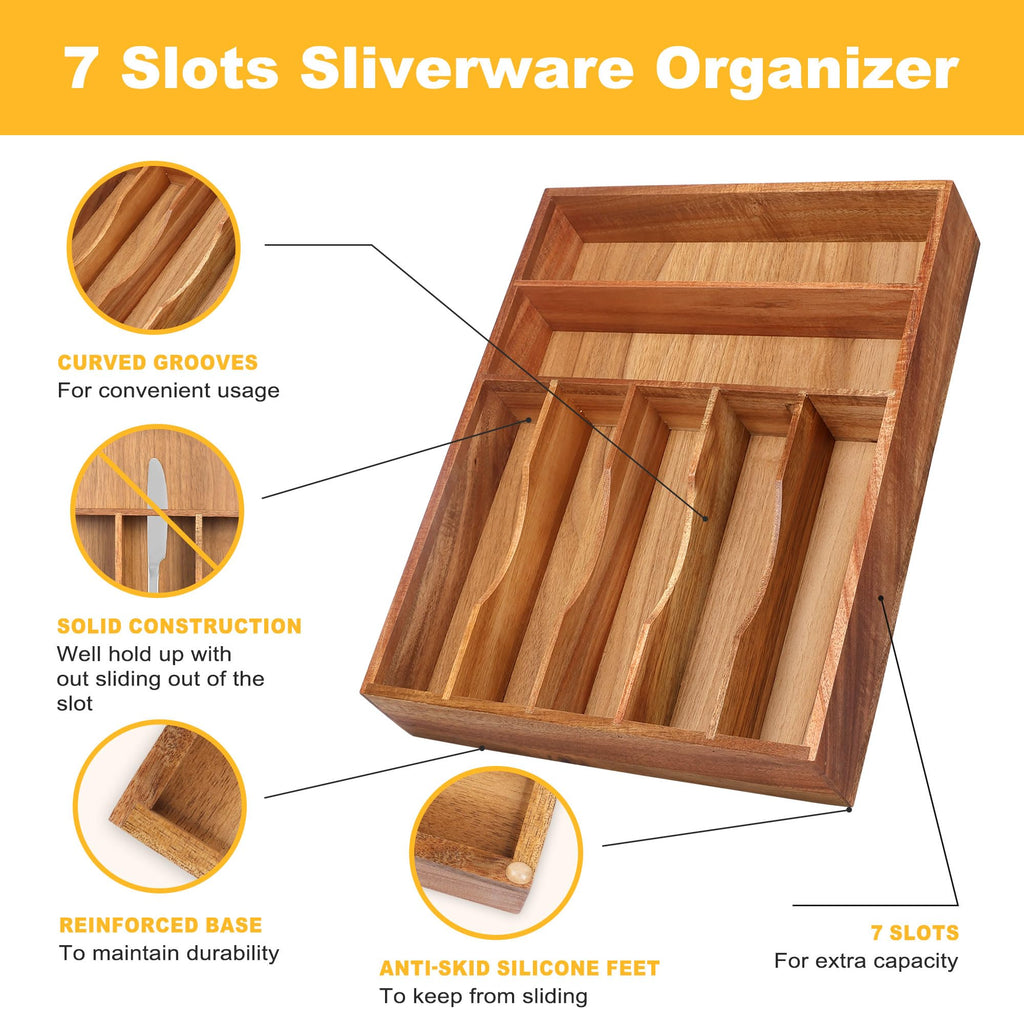 Expandable Acacia Kitchen Drawer Organizer for Cutlery and Utensils, Adjustable Acacia Wood Cutlery Tray in Drawer for Flatware and Silverware in Kitchen