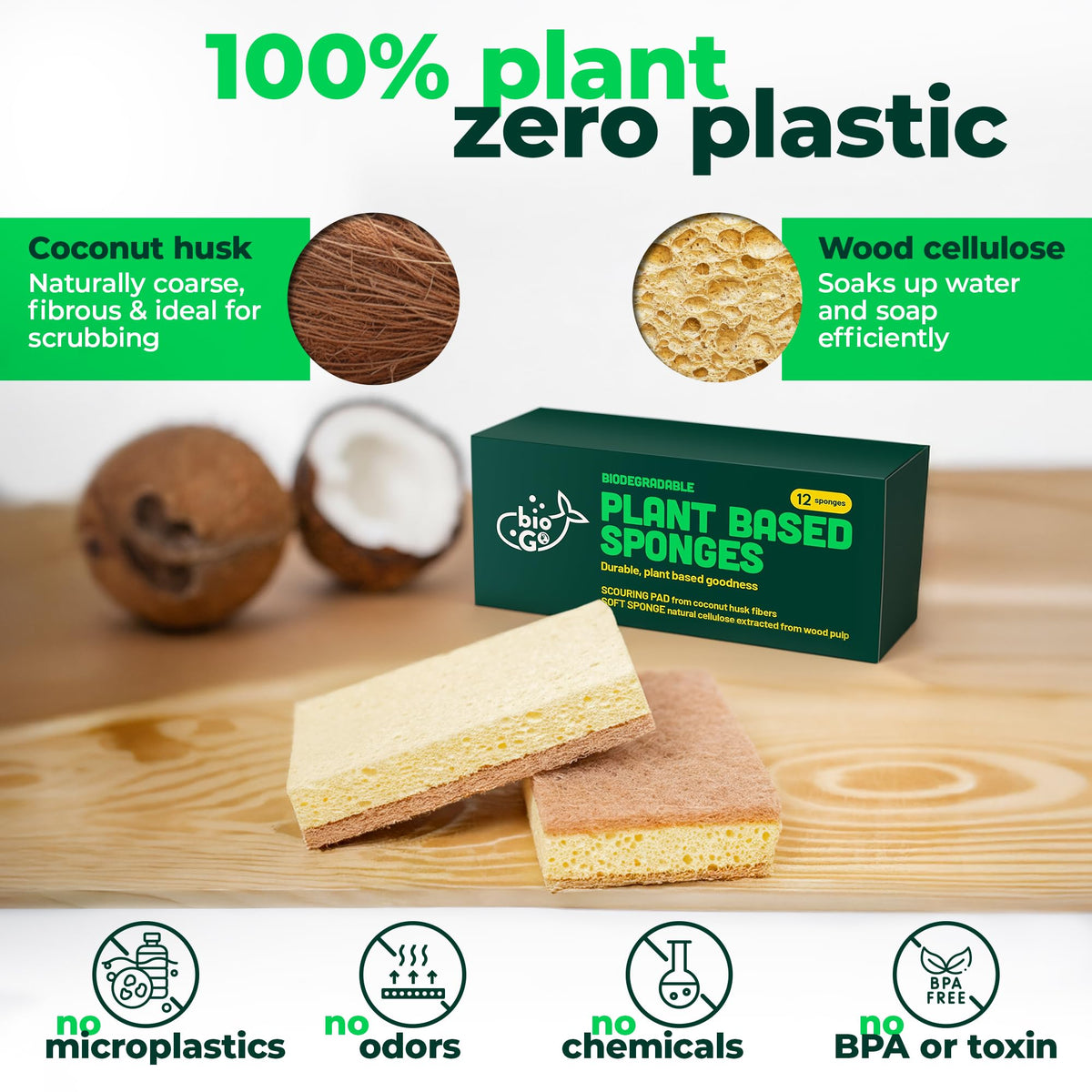 bioGo 30 Pack Compostable Pop-Up Sponges - Expanding, Non-Scratch, Plant-Based Dish - Bulk Color - Pop Up Sponge - Kitchen