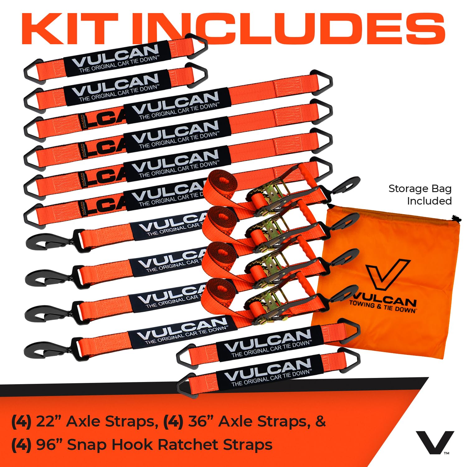 VULCAN Complete Axle Strap Tie Down Kit with Snap Hook Ratchet Straps - Classic Yellow - Includes (4) 22 Inch Axle Straps, (4) 36 Inch Axle Straps, and (4) 8' Snap Hook Ratchet Straps