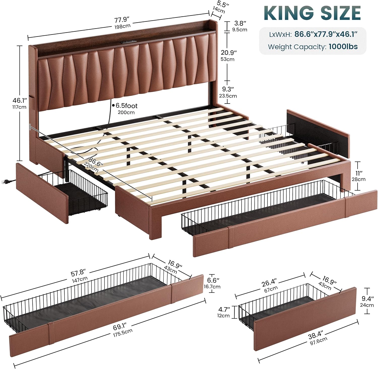 ANCTOR King Bed Frame with 3 Storage Drawers, Storage Headbord with Charging Station, Platform Bed Frame for Bedroom, Living Room, No Box Spring, Faux Leather, Brown