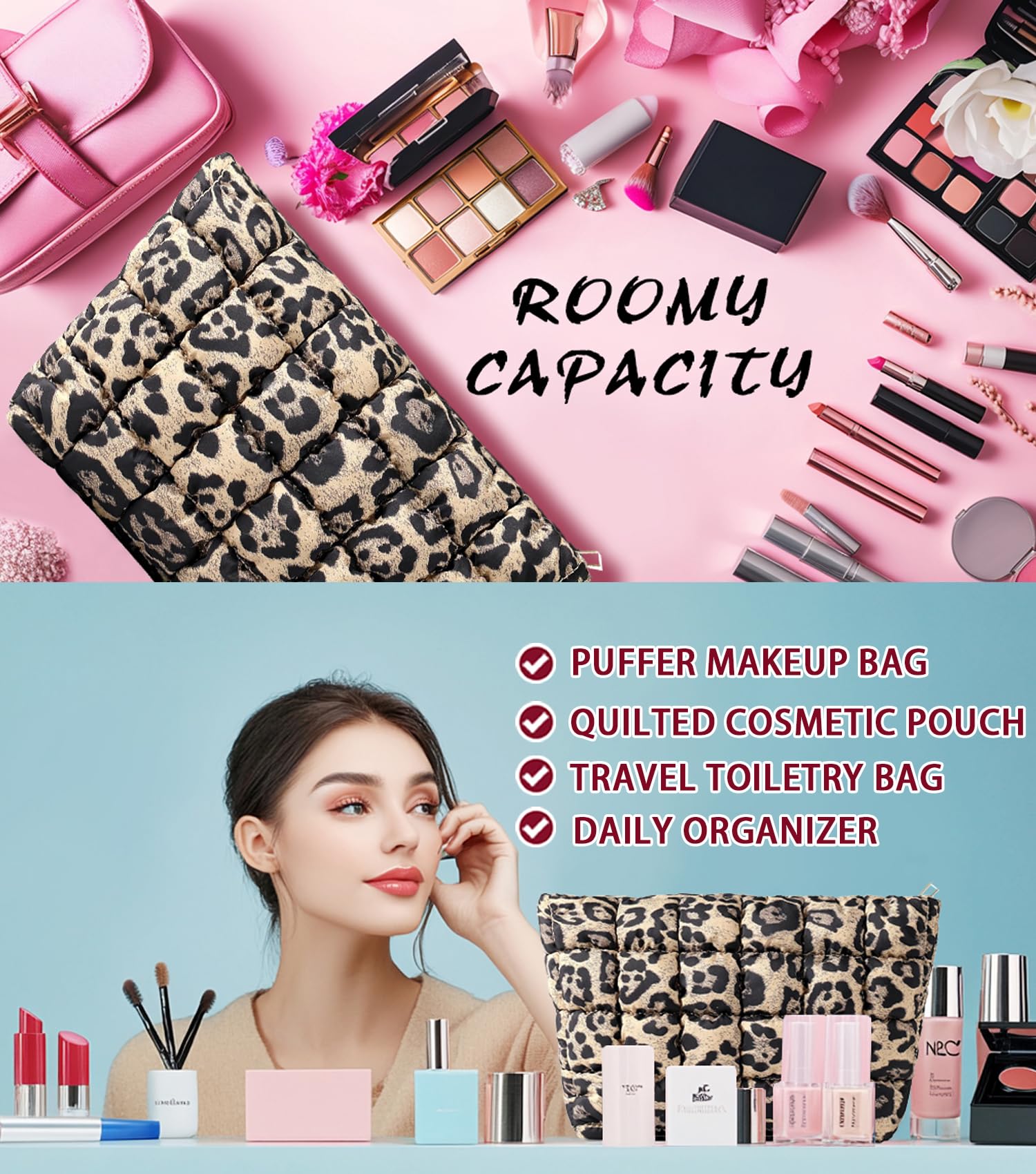 Puffy Quilted Makeup Bag for Women, Cosmetic Bag, Travel Toiletry Organizer Pouch Clutch (Black Flowers)
