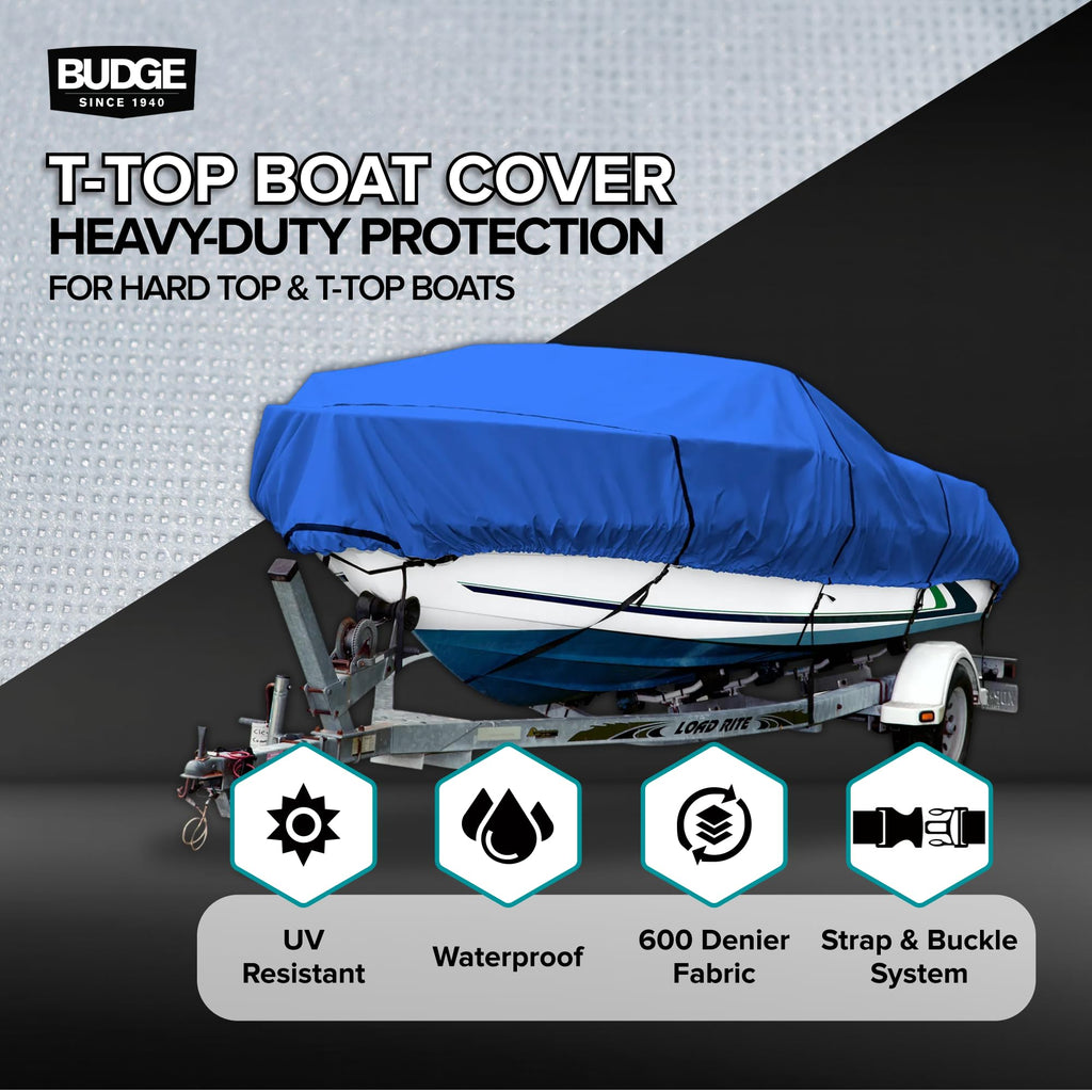 Budge B-620-X6 Blue 20'-22' Long (Beam Width up to 106") 600 Denier Waterproof Breathable Hard/T-Top Boat Cover