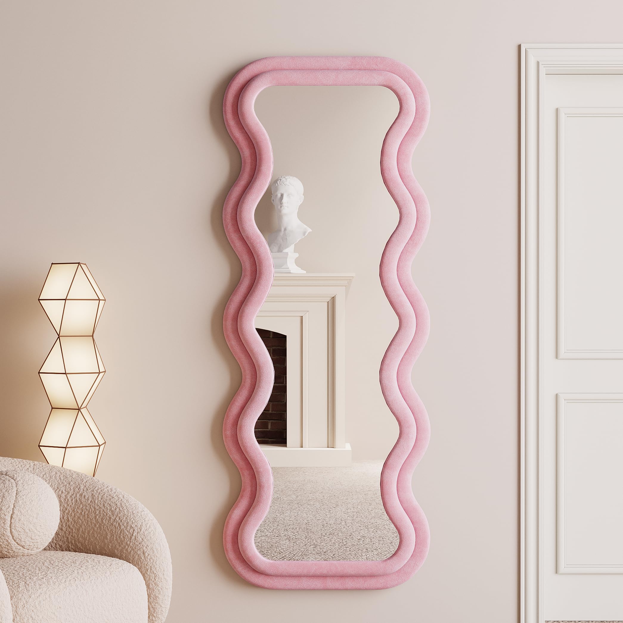 BOJOY Full Length Mirror, 63" x 24" Wall Mirror, Flannel Wrapped Wooden Frame Floor Mirror, Irregular Wavy Mirror Hanging or Leaning Against Wall for Cloakroom/Bedroom/Living Room, Black