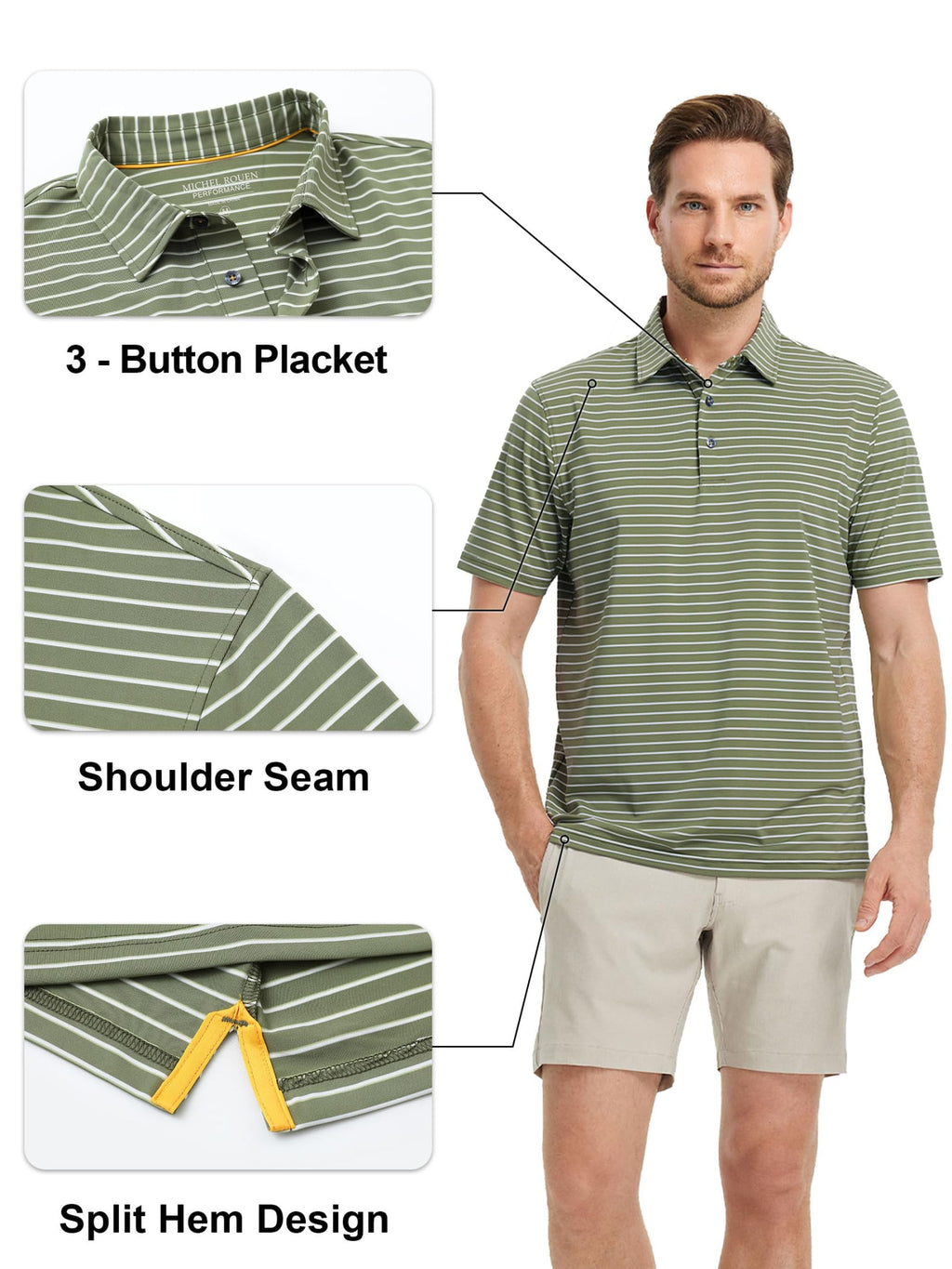 Rouen Mens Polo Shirts Short Sleeve Dry Fit Performance Moisture Wicking Causal Striped Polo Collared Golf Shirts for Men