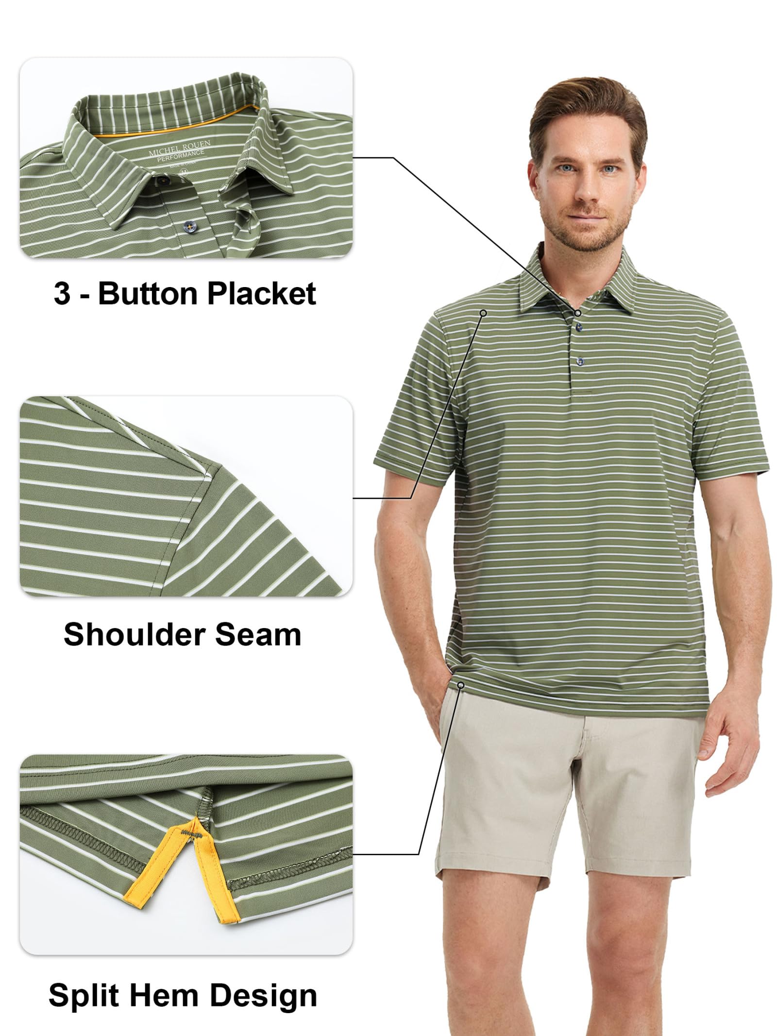 Rouen Mens Polo Shirts Short Sleeve Dry Fit Performance Moisture Wicking Causal Striped Polo Collared Golf Shirts for Men