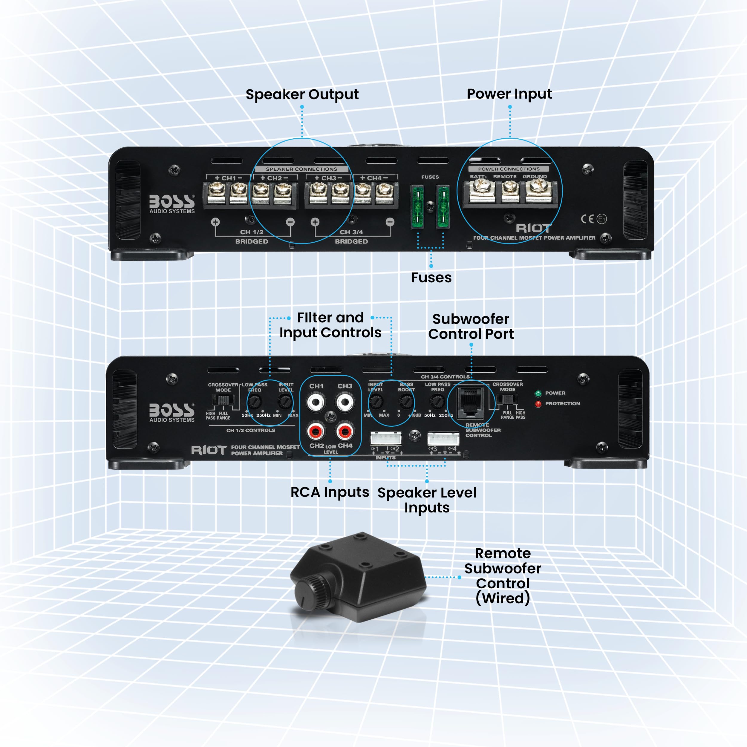BOSS Audio Systems R1004 Riot Series 4 Channel Class A/B Car Amplifier - 400 High Output, IC (Integrated Circuit), Hook Up to Subwoofer for Bass
