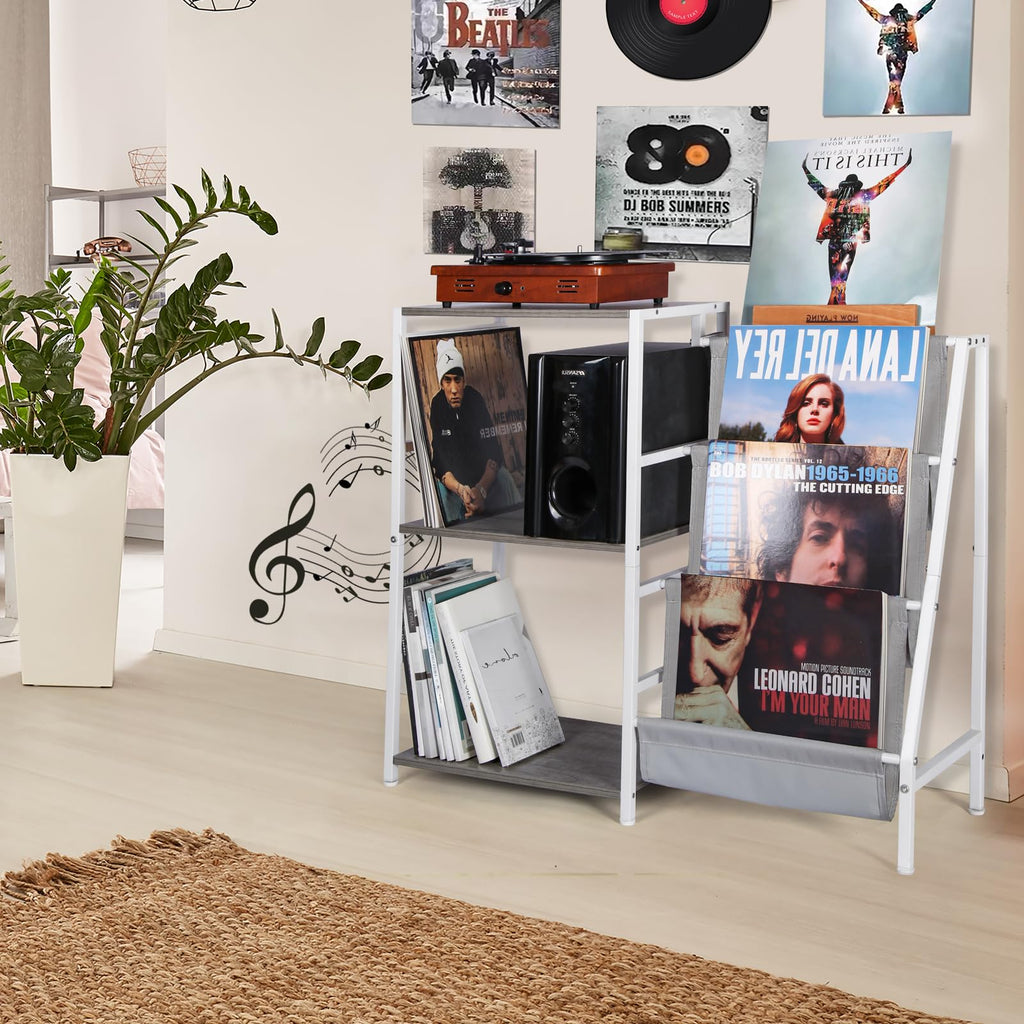 HYCFYJR Record Player Stand, 3-Tier Vinyl Record Storage, Turntable Stand with Now Playing Holder, Vinyl Display for Living Room, Grey & White