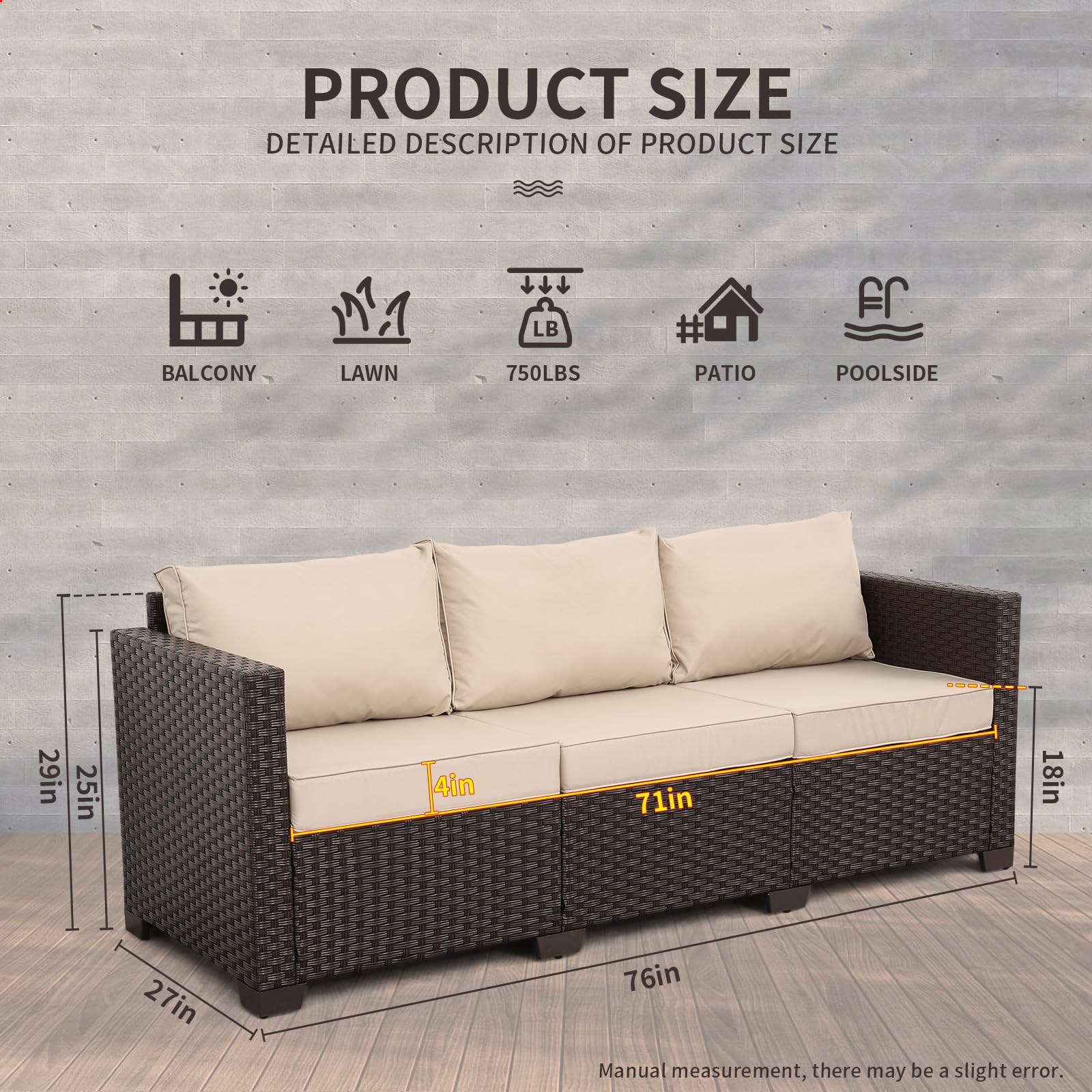 WAROOM Patio Couch PE Rattan 3-Seat Outdoor Sofa Brown Wicker Furniture Set Deep Seating with Anti-Slip Beige Cushion