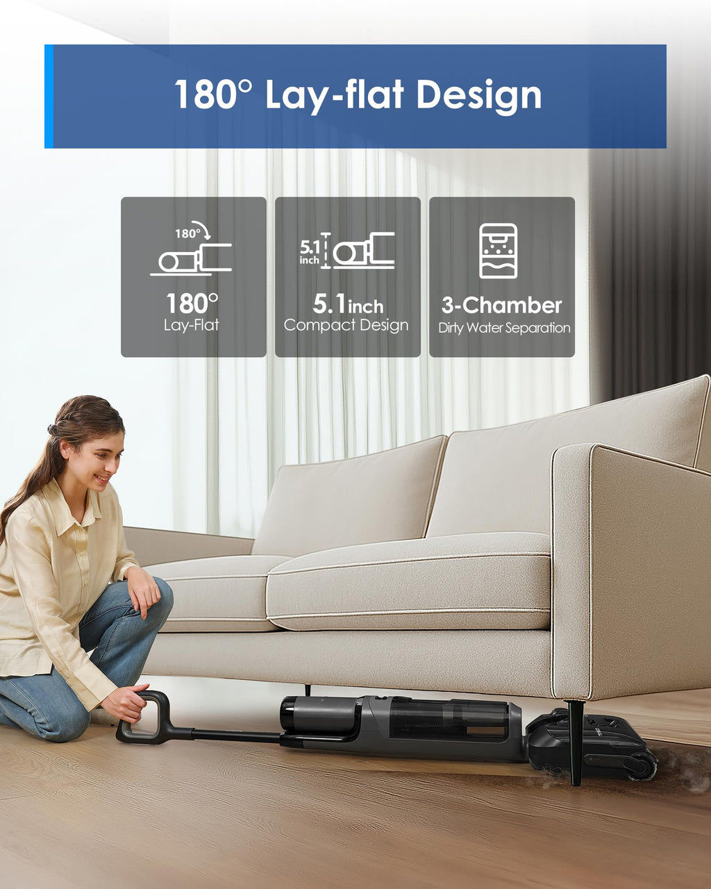 Tineco Floor ONE i5 Stretch Wet Dry Vacuum Cleaner, Vacuum & Mop in One Step, 20kpa Powerful Suction, 180° Lay-Flat Design, Anti-Tangle Design, Dual-Sided Edge Cleaning, Up to 30* Minutes Runtime