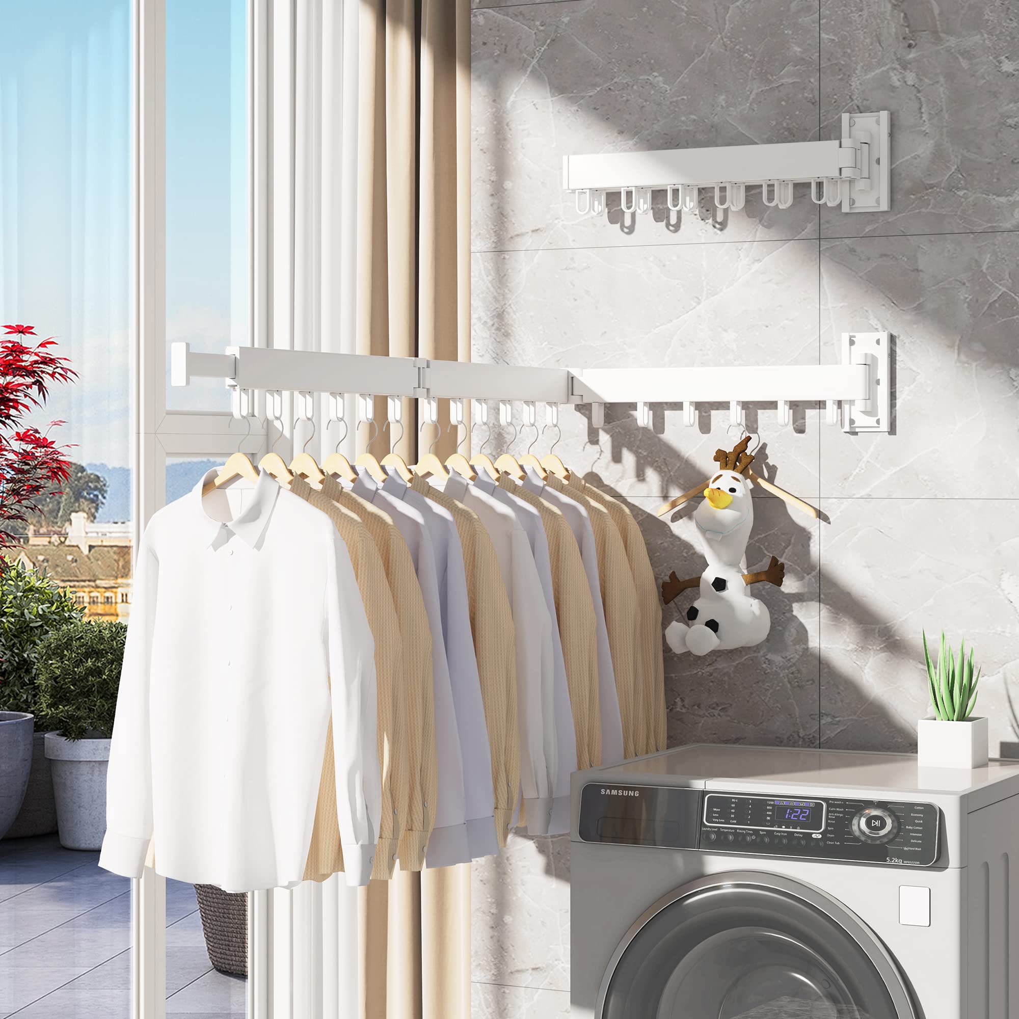 HEILAIYI Clothes Drying Rack for Laundry,Wall Mounted Clothes Hanger Rack,Folding,Retractable,Collapsible(J Shape Hooks)