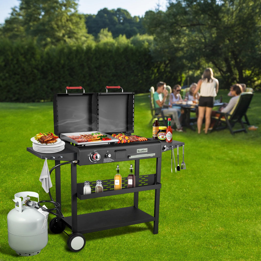 BESTFIRE Foldable Flat Top Grill, Outdoor Griddle-3 Burner Propane Griddle with Two Foldable Shelves,36" Flat Grills Outdoor-45,000 BTU Gas Grill for BBQ& Outdoor Cooking,Black