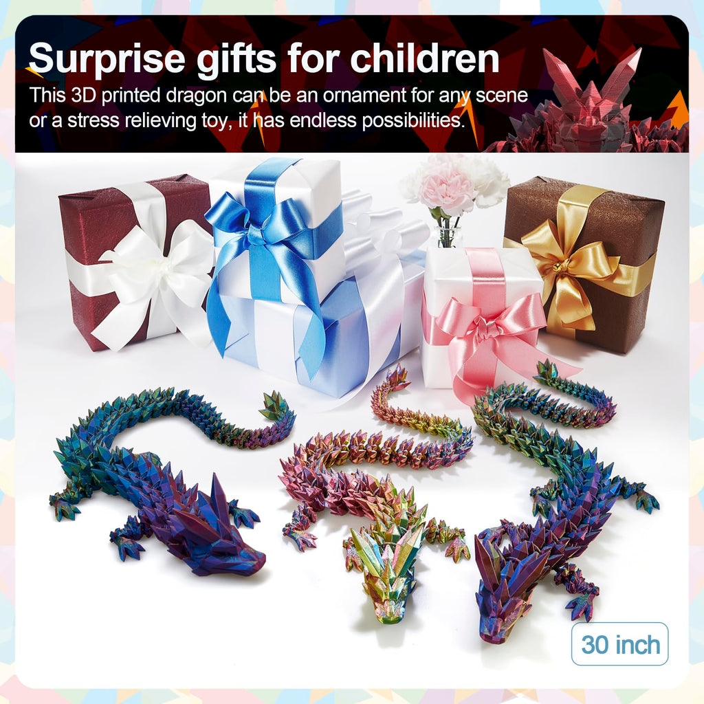 24" Large 3D Printed Dragon - Huge Articulated Crystal Dragon Fidget Toy, Giant Flexible 3D Dragon Figure, Birthday Gift for Boys Girls Kids & Collectors, Home Office Executive Desk Decor