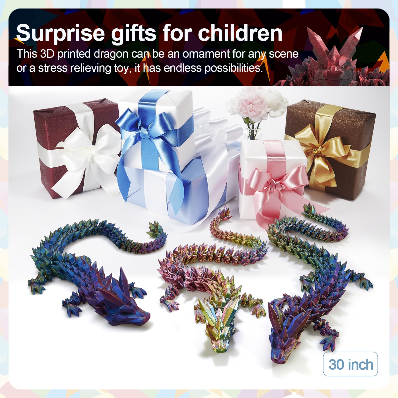 24" Large 3D Printed Dragon - Huge Articulated Crystal Dragon Fidget Toy, Giant Flexible 3D Dragon Figure, Birthday Gift for Boys Girls Kids & Collectors, Home Office Executive Desk Decor