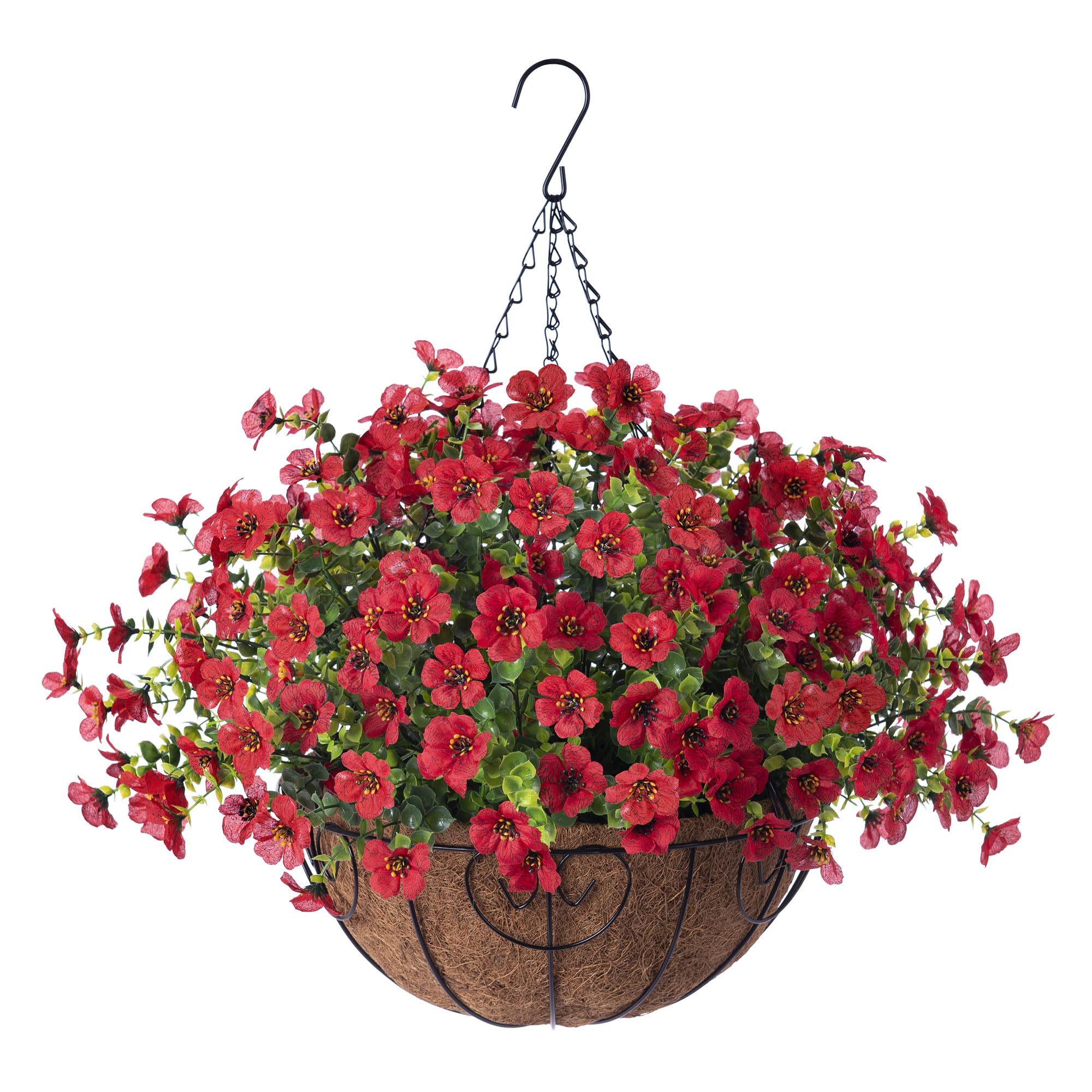 Ammyoo Artificial Faux Hanging Plants Flowers Basket for Spring Outdoor Decoration, Fake Silk Daisy UV Resistant Look Real with Eucalyptus Leaves Summer Outside Decor for Home Patio Garden